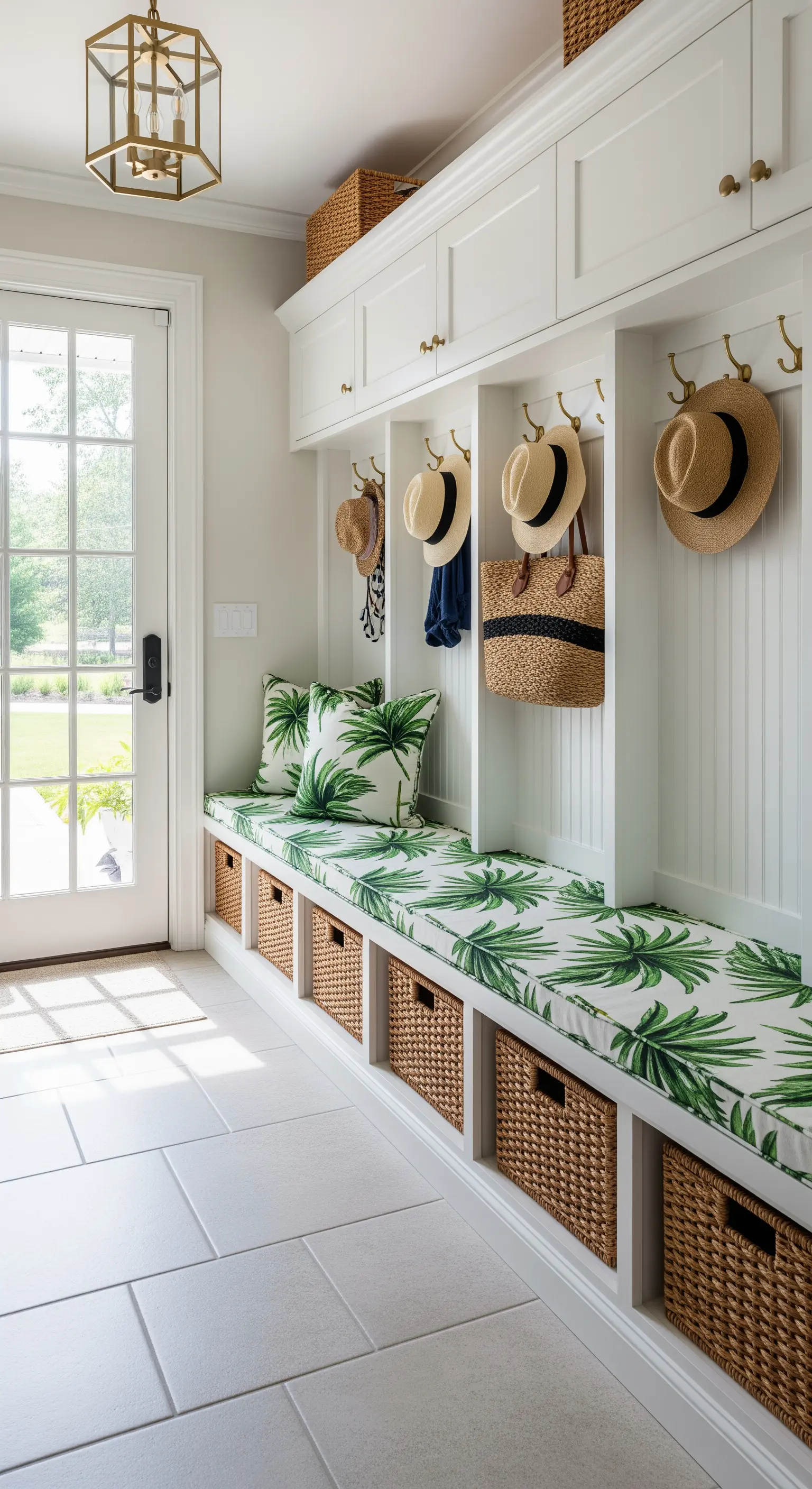 Garderobe mit Einbauschränken und Sitzbank mit Palmenmuster