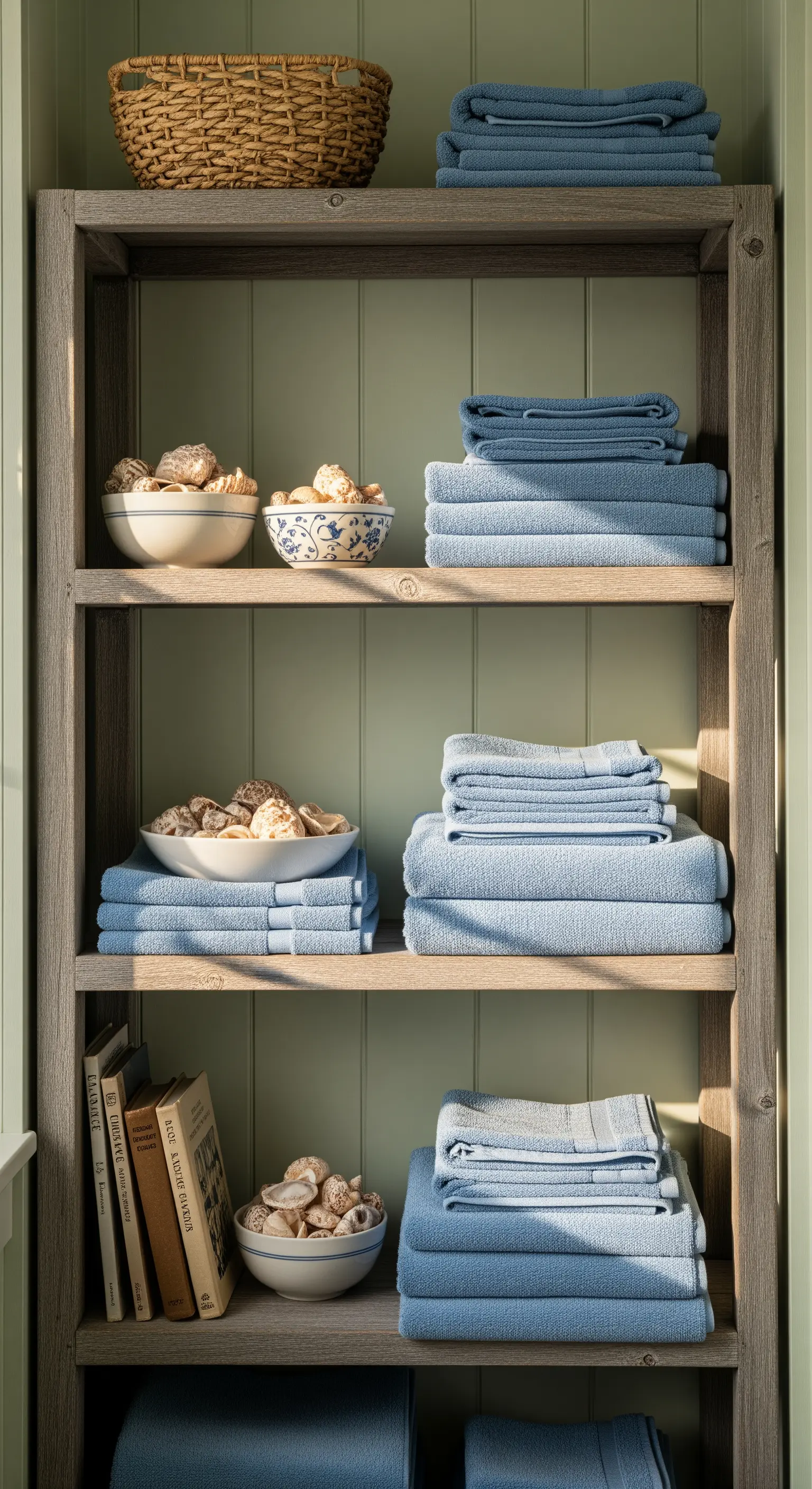 Offenes Regal mit blauen Handtüchern, Muscheln, Büchern und geflochtenem Korb.