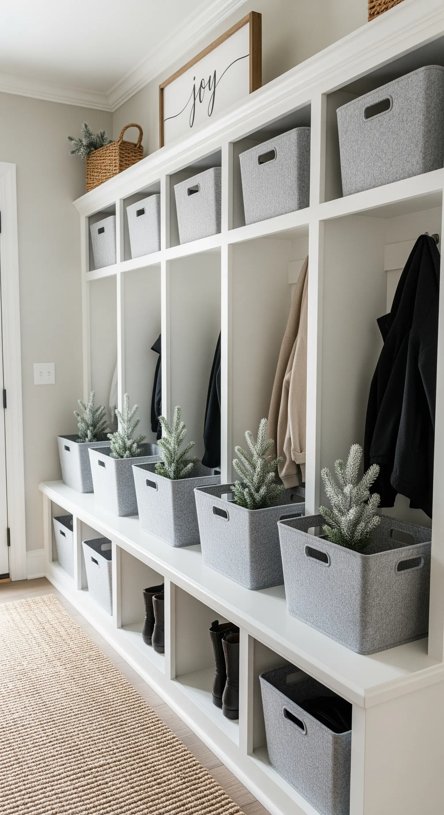 Weiße Garderobenwand mit grauen Boxen und kleinen Winterbäumen.