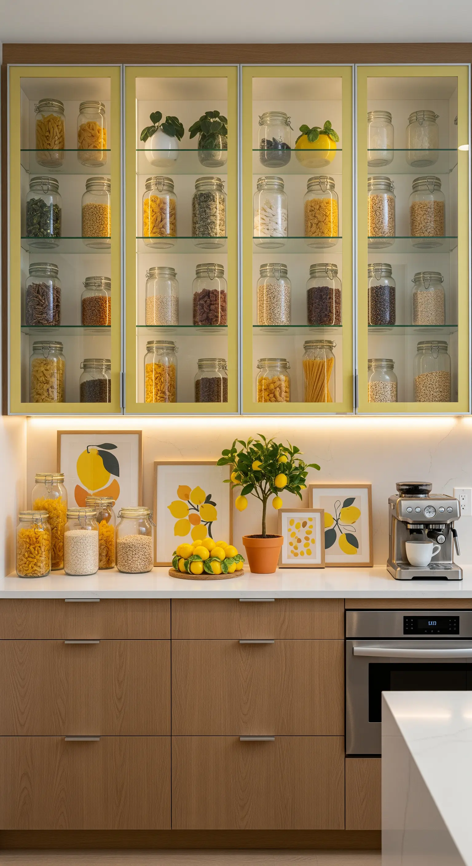 Gelbe Vorratsschränke mit Gläsern, Zitronenbaum und Zitronenbildern.