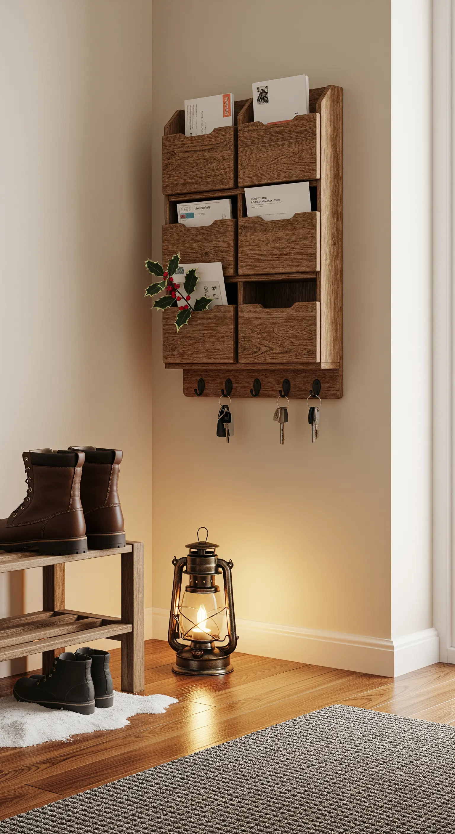 Eingangsbereich mit Holz-Organizer, Schuhregal und Vintage-Laterne auf Fell.