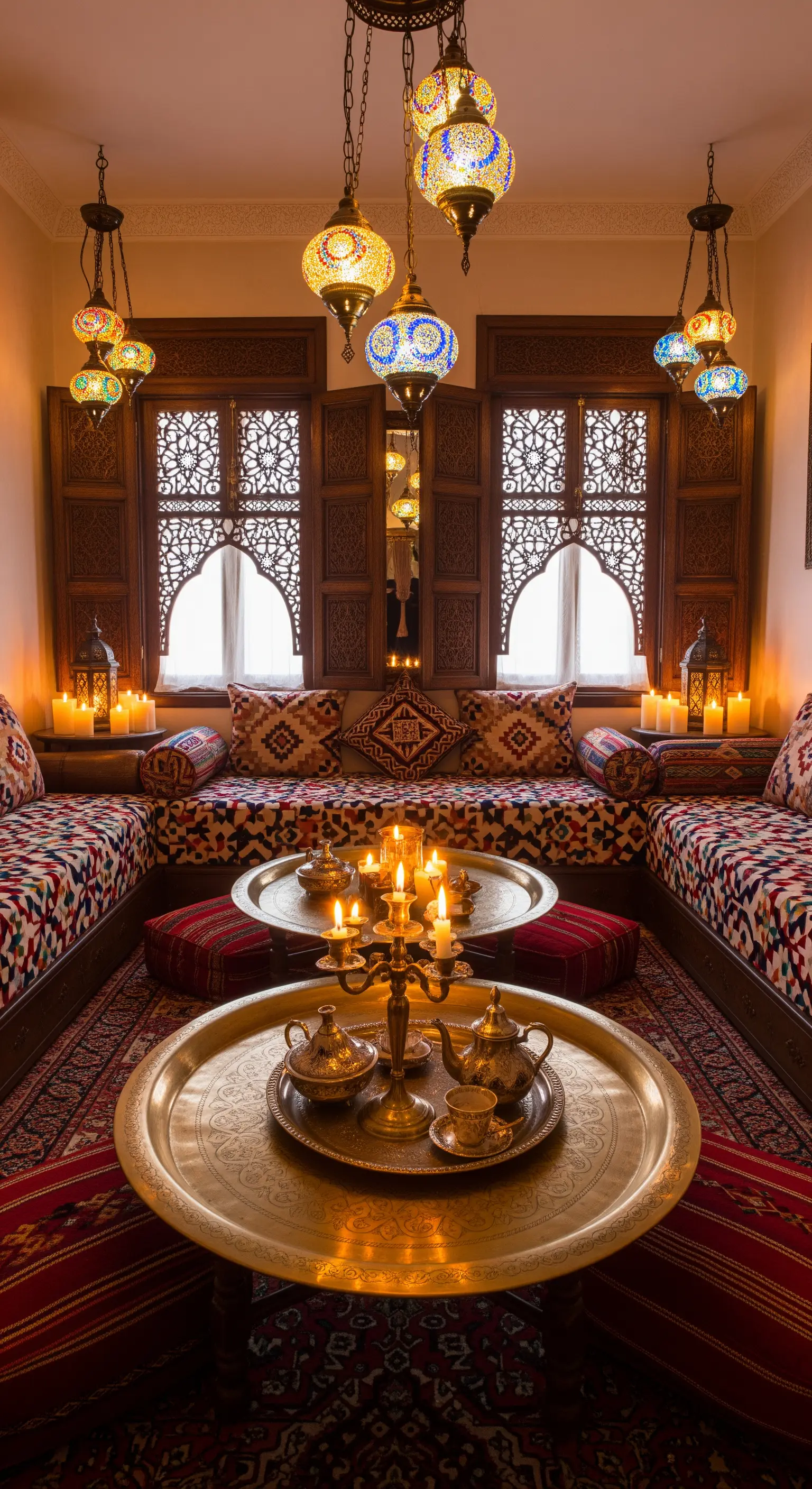 Sitzecke mit vielen bunten Mosaik-Hängelampen und Messingtisch