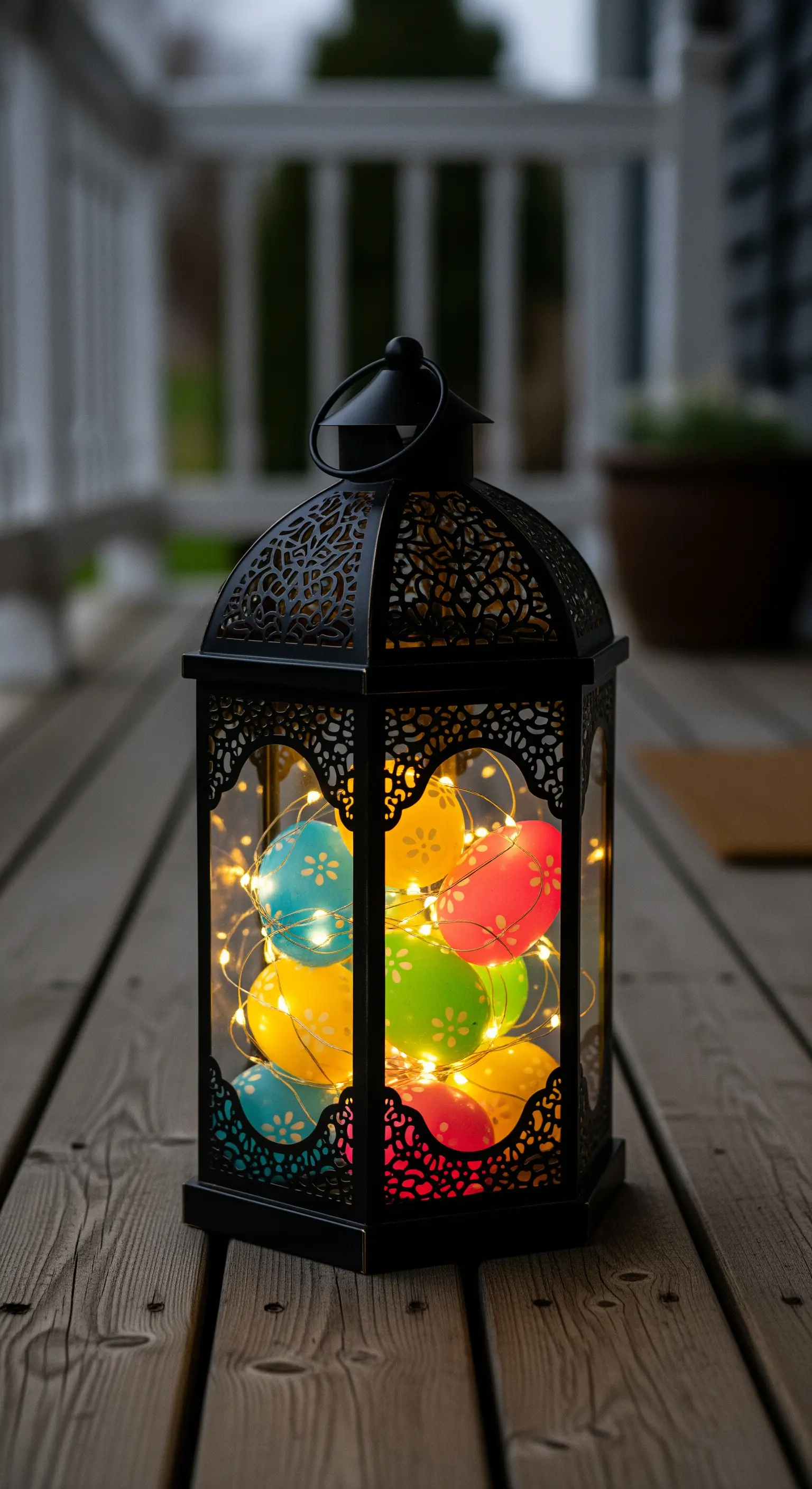 Orientalische Laterne gefüllt mit leuchtenden, bunten Ostereiern für den Außenbereich