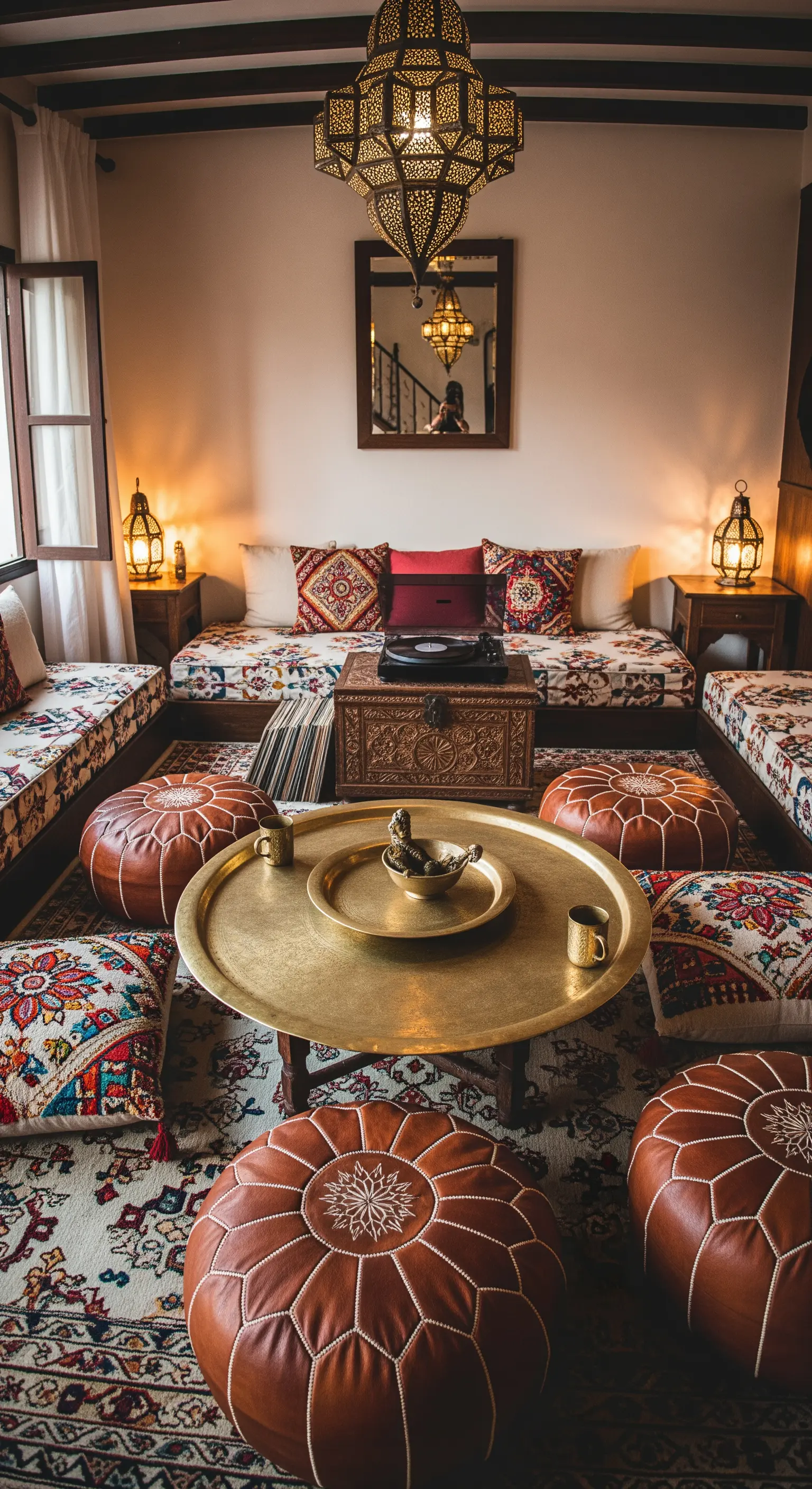Orientalische Lounge mit Bodenkissen, marokkanischen Laternen und einem Plattenspieler