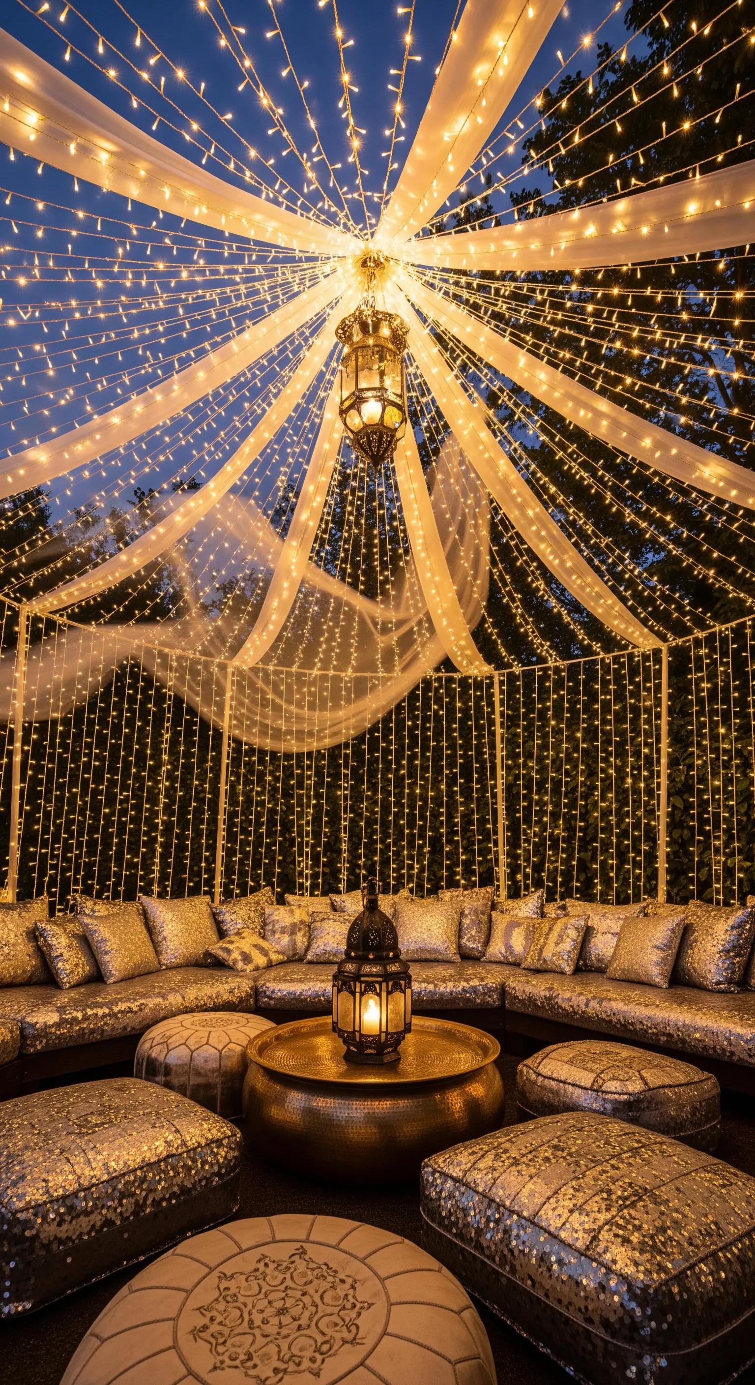 Orientalische Outdoor-Lounge mit Stoffdrapierungen, vielen Lichterketten und Bodenkissen.