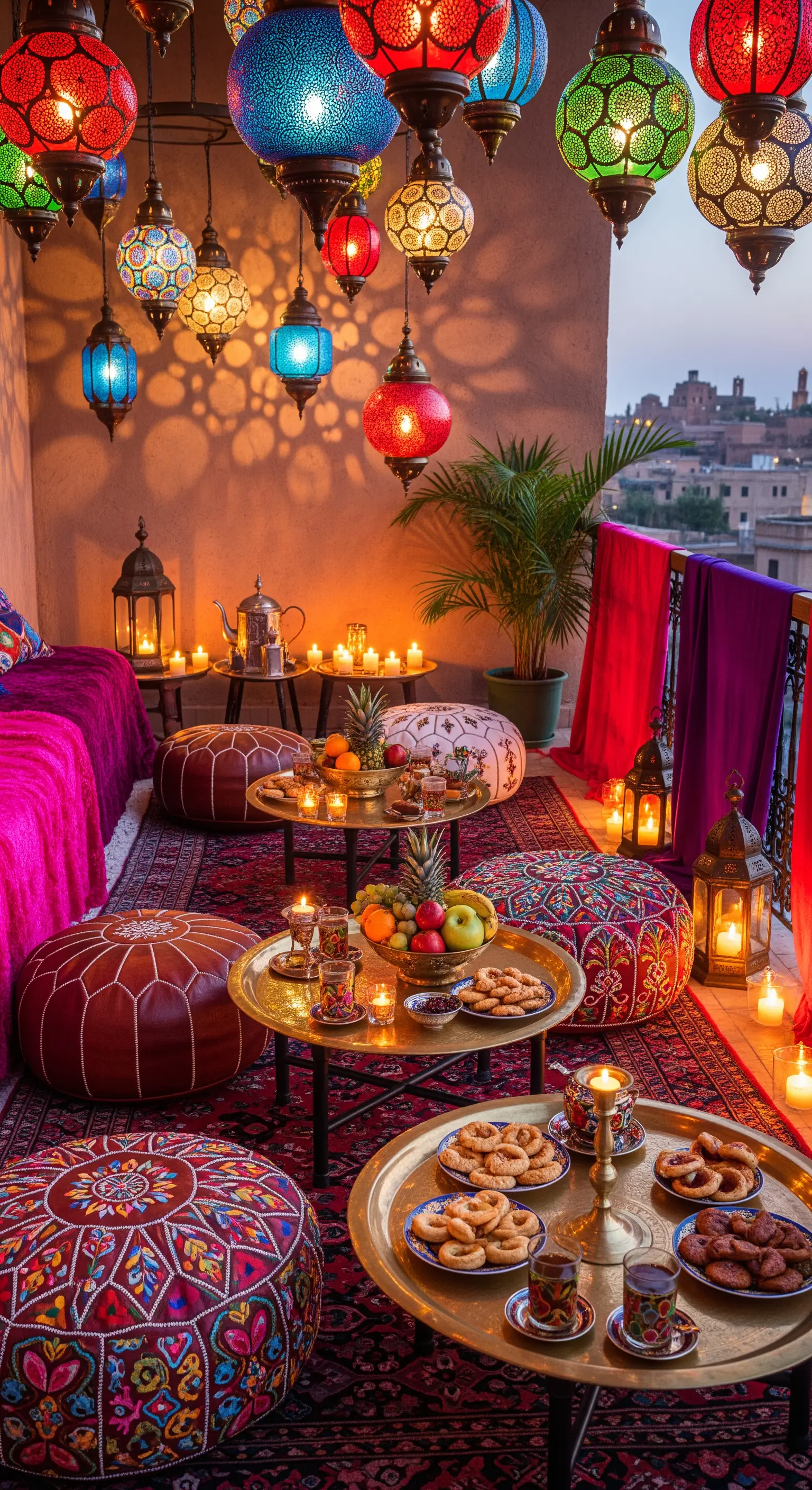 Orientalischer Balkon mit bunten Laternen, Teppichen, Poufs und Messingtischen.