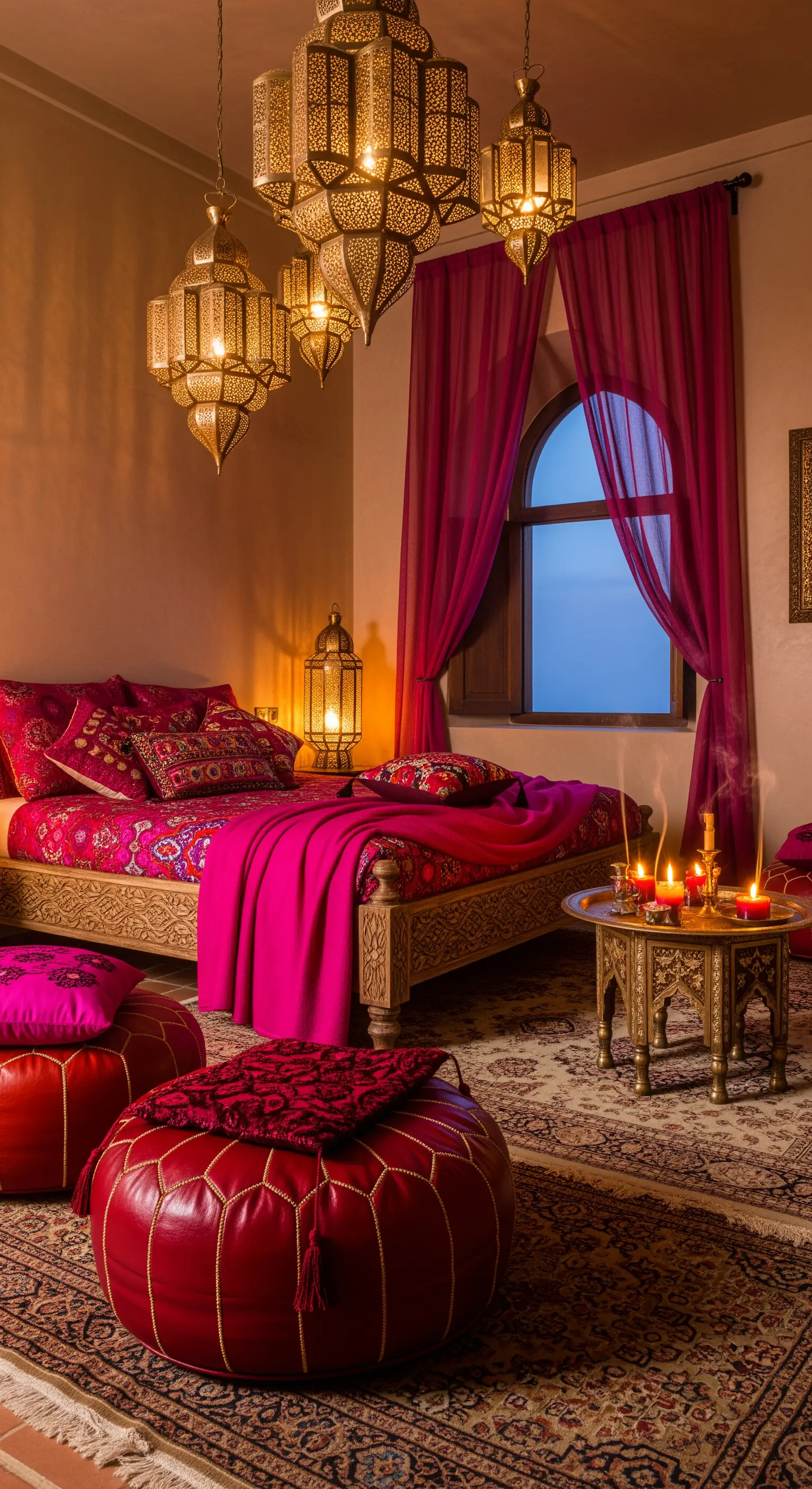 Orientalisches Schlafzimmer mit marokkanischen Laternen und farbenfroher Deko