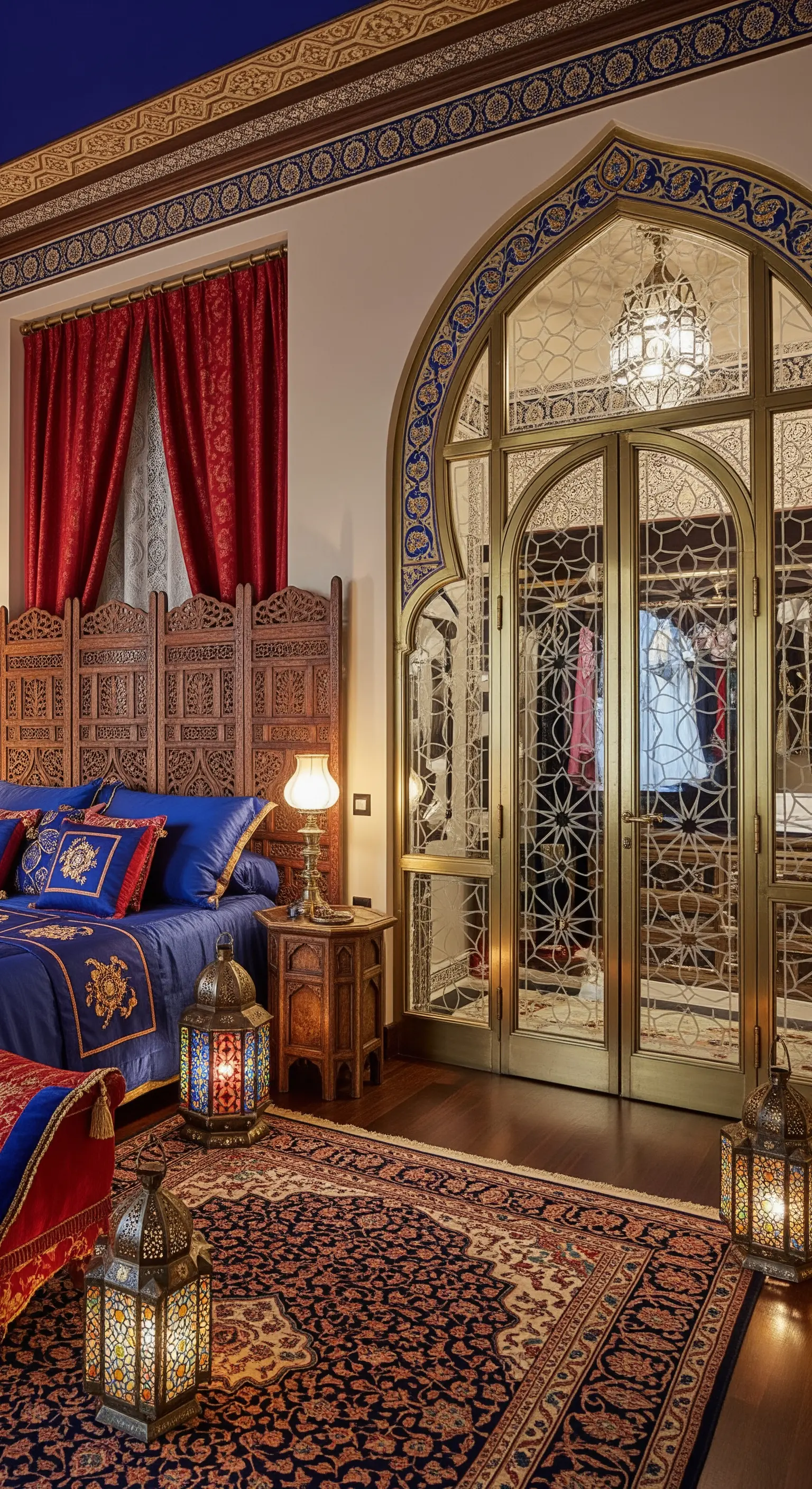 Opulenter, orientalischer Kleiderschrank mit goldenen Bogentüren und filigranen Mustern.