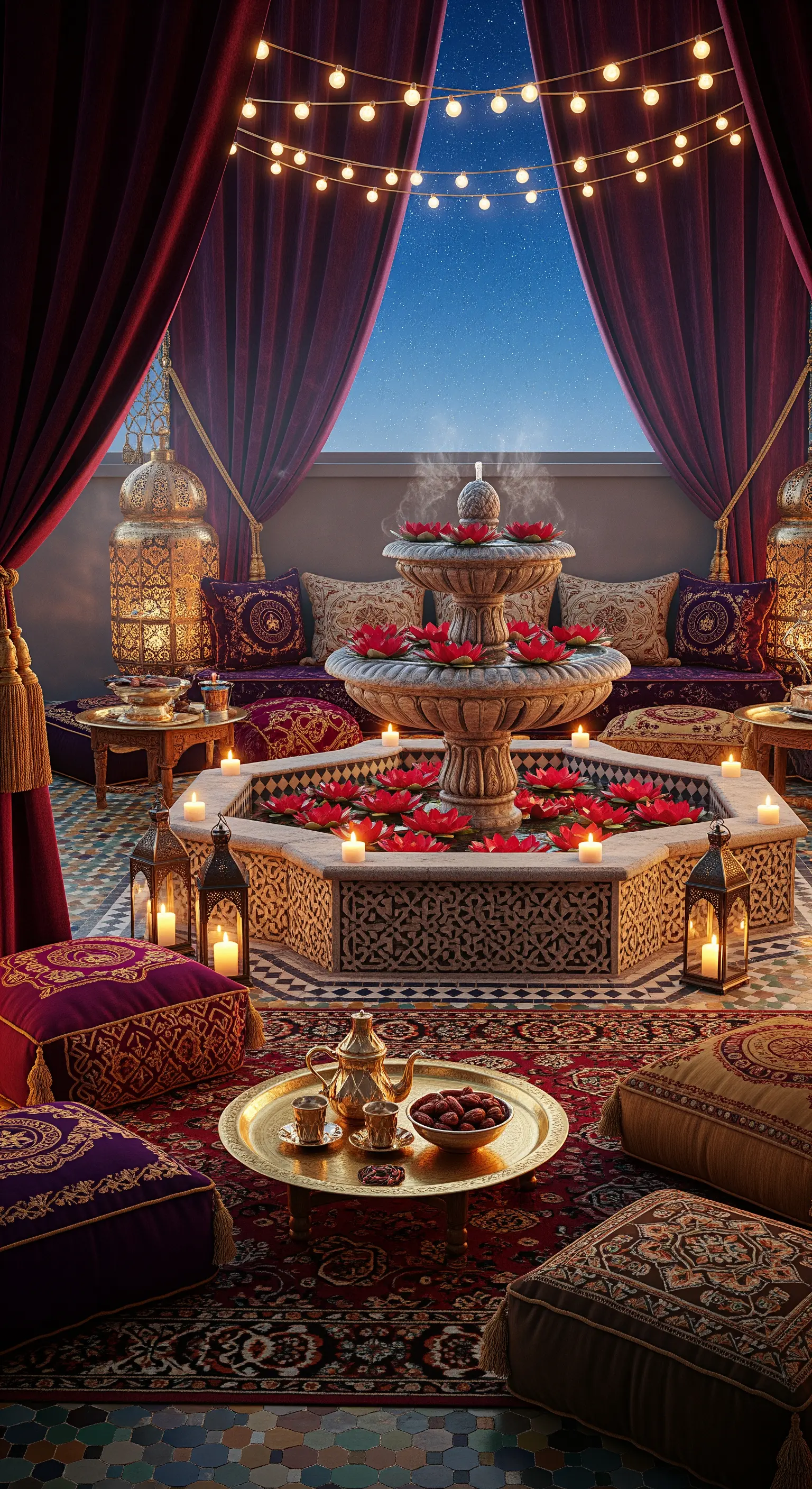 Marokkanische Terrasse mit Springbrunnen, Laternen, Vorhängen und bunten Kissen.