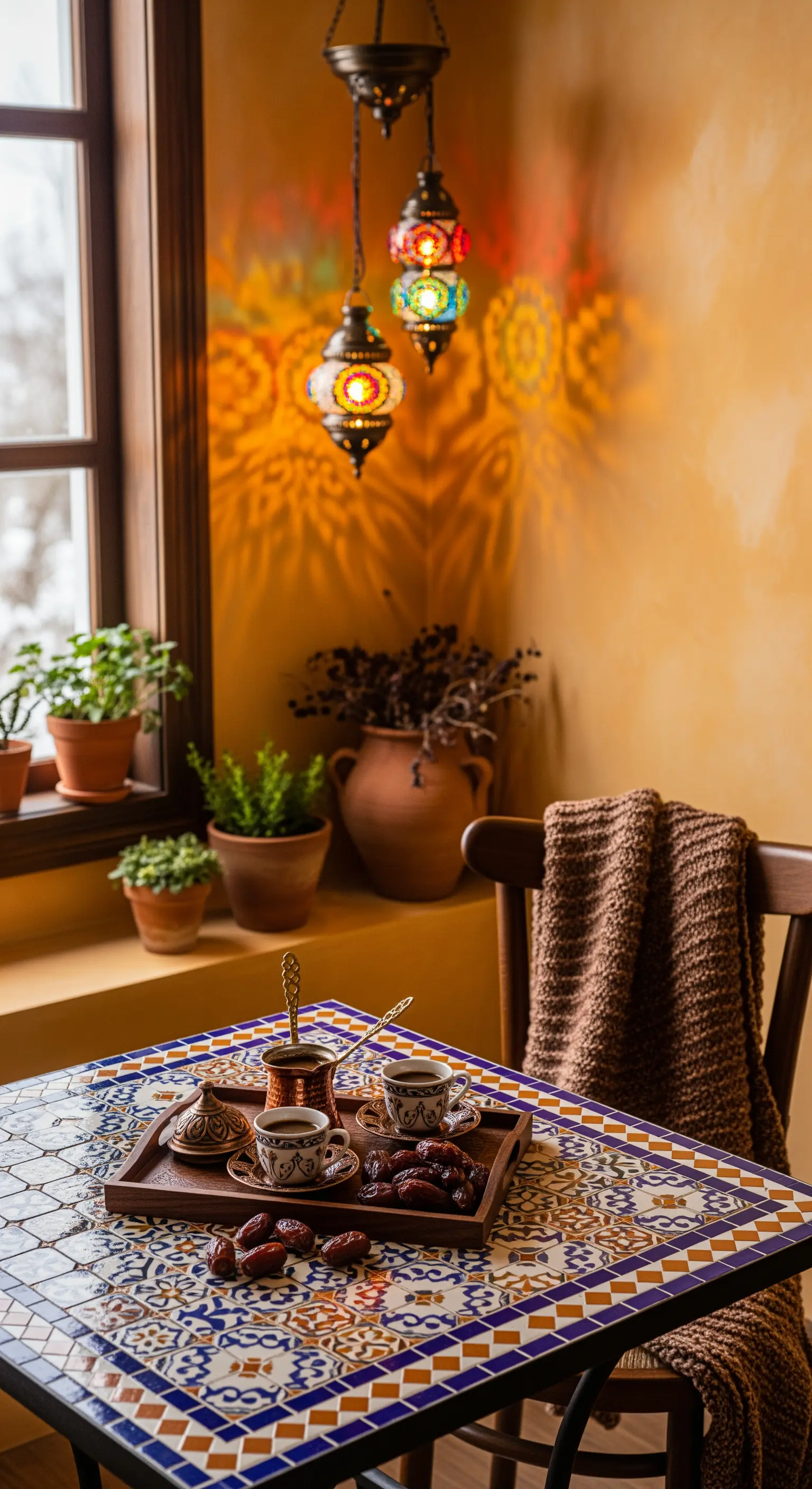Mosaiktisch mit Teegeschirr, Laternen und Pflanzen in orientalischem Ambiente