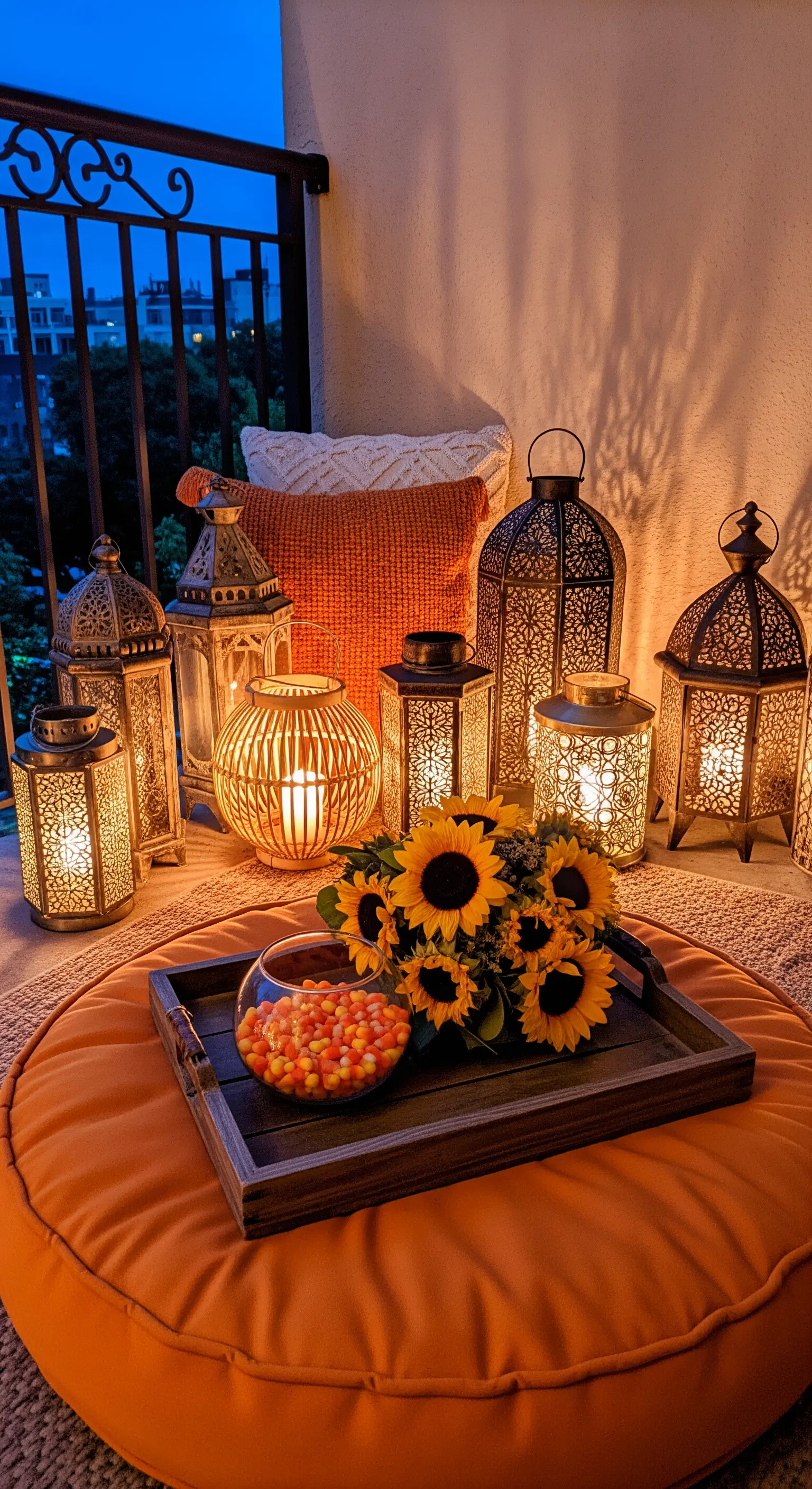Gruppe orientalischer Laternen, Bodenkissen, Tablett mit Sonnenblumen und Candy Corn