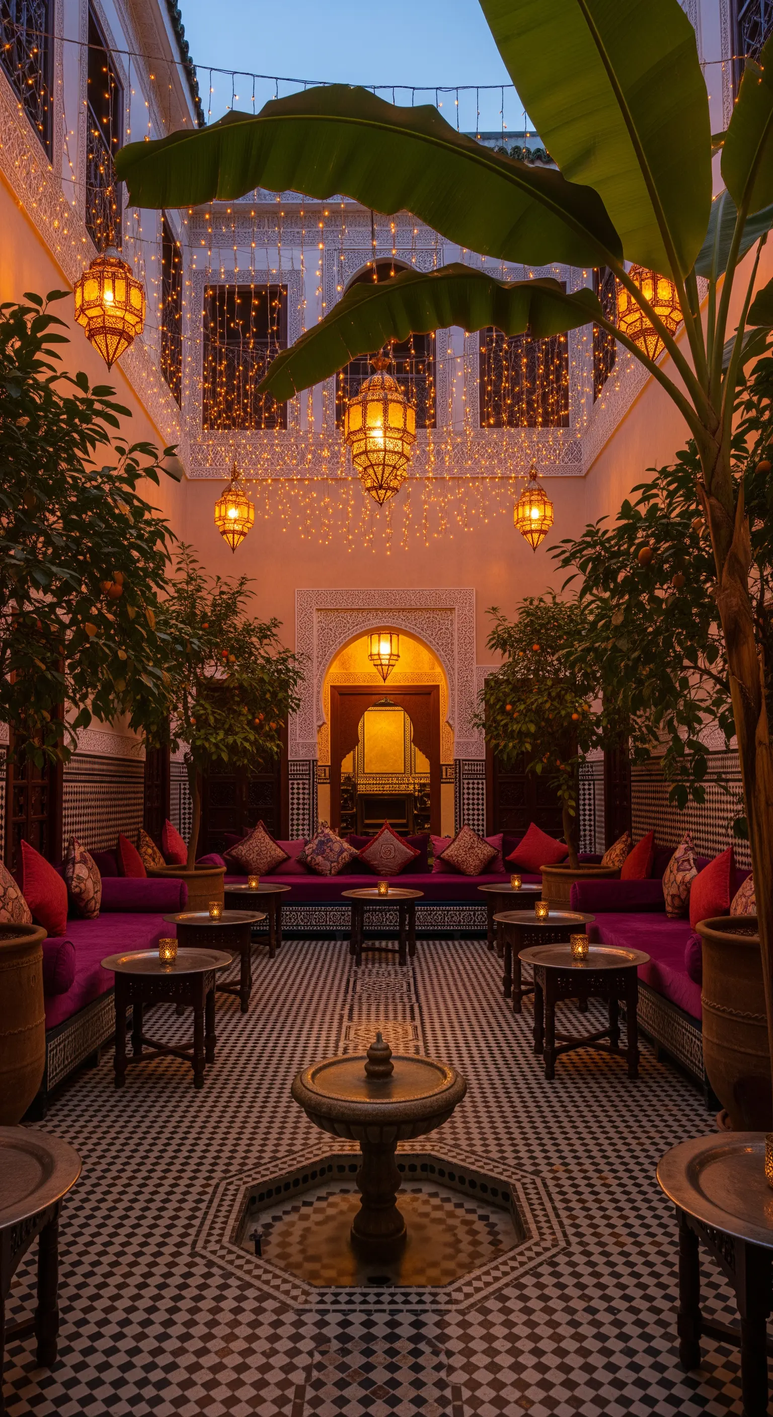 Marokkanischer Innenhof mit Mosaikfliesen, magentafarbenen Sofas und einer Kombination aus Laternen und Lichterketten.