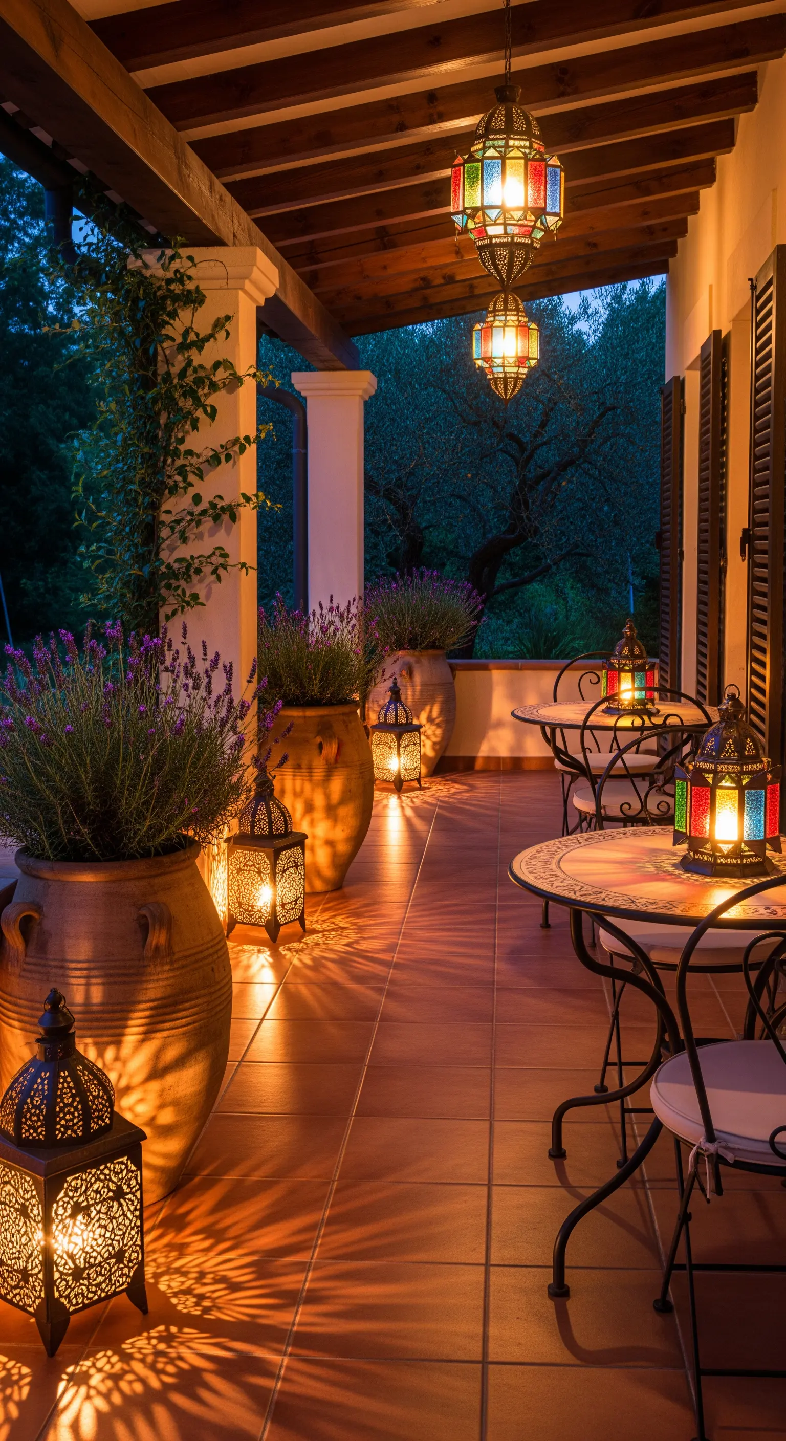 Mediterrane Veranda mit orientalischen Laternen, Lavendel in Terracottatöpfen