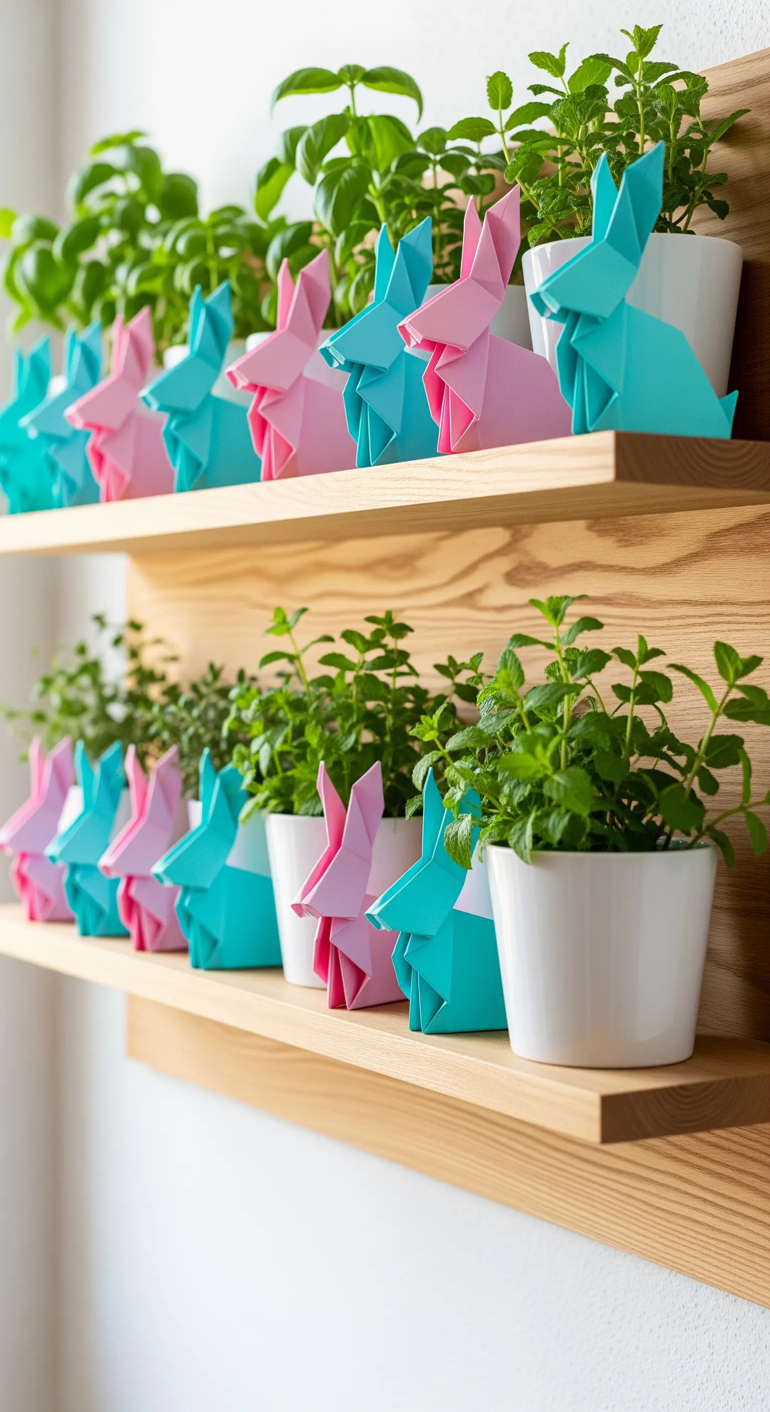 Origami-Hasen in Pastellfarben auf einem Holzregal mit Kräutertöpfen