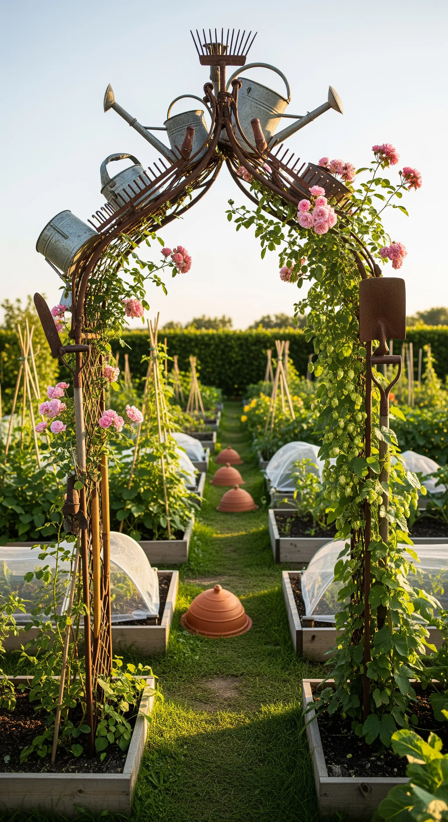 Gartengeräte-Bogen, Hopfen, Hochbeete, kreative Gartendeko