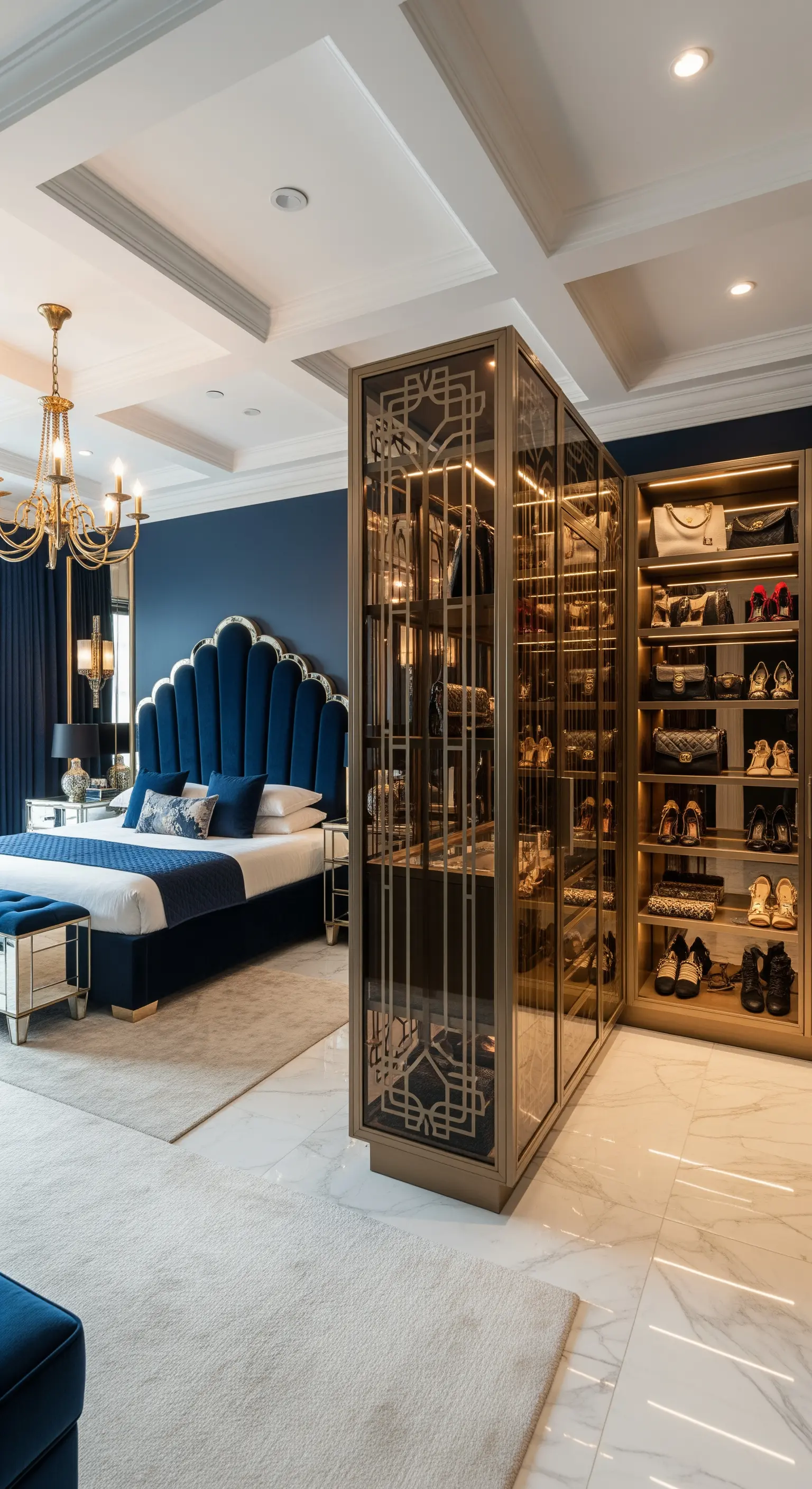 Opulenter Glas-Kleiderschrank mit goldenen Art-déco-Ornamenten in einem königsblauen Schlafzimmer.