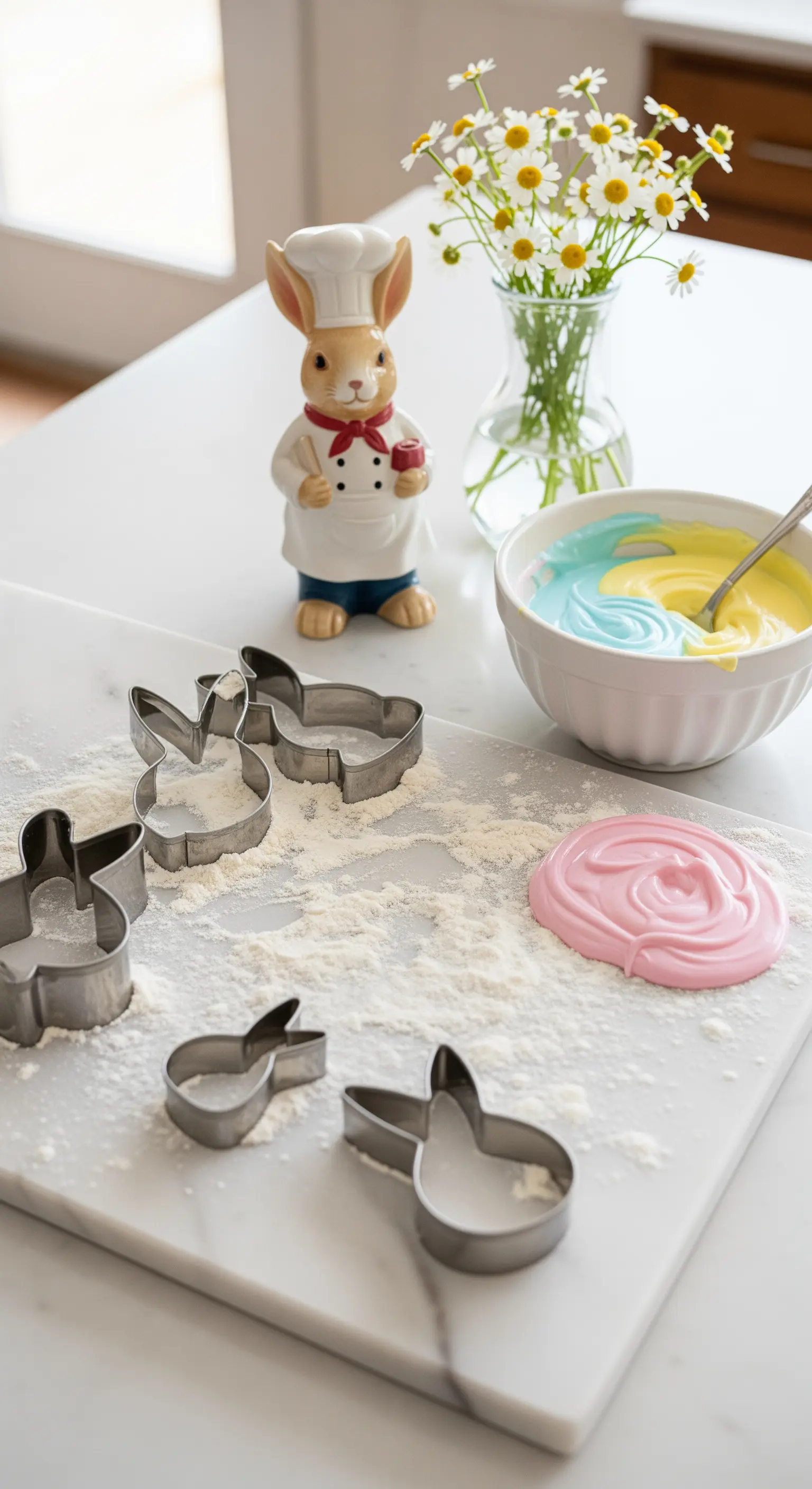 Marmor-Arbeitsplatte mit Backzutaten, Oster-Ausstechformen und Kochhasen-Figur.
