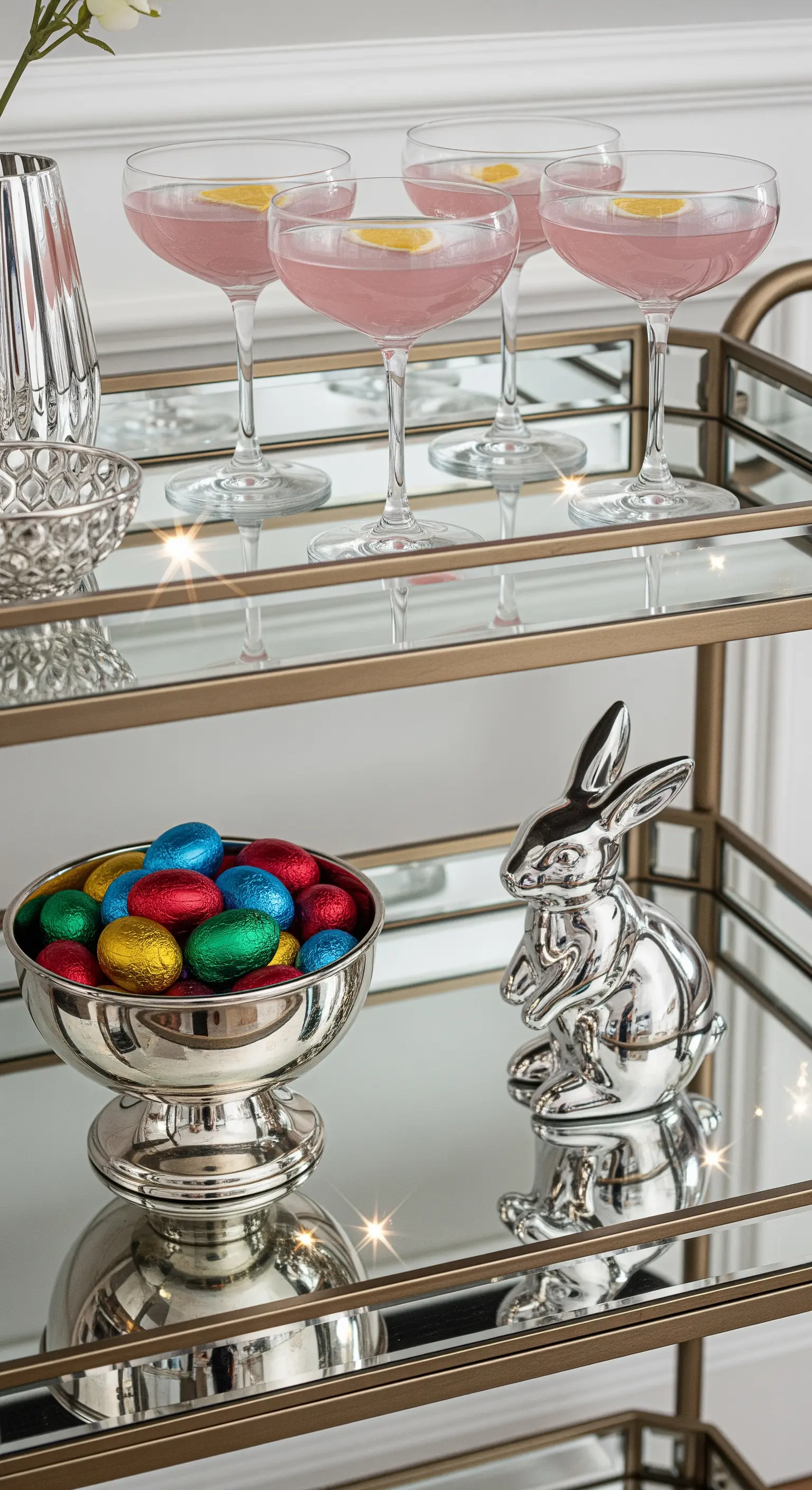 Goldener Barwagen mit rosa Cocktails, Ostereiern und einem Silberhasen