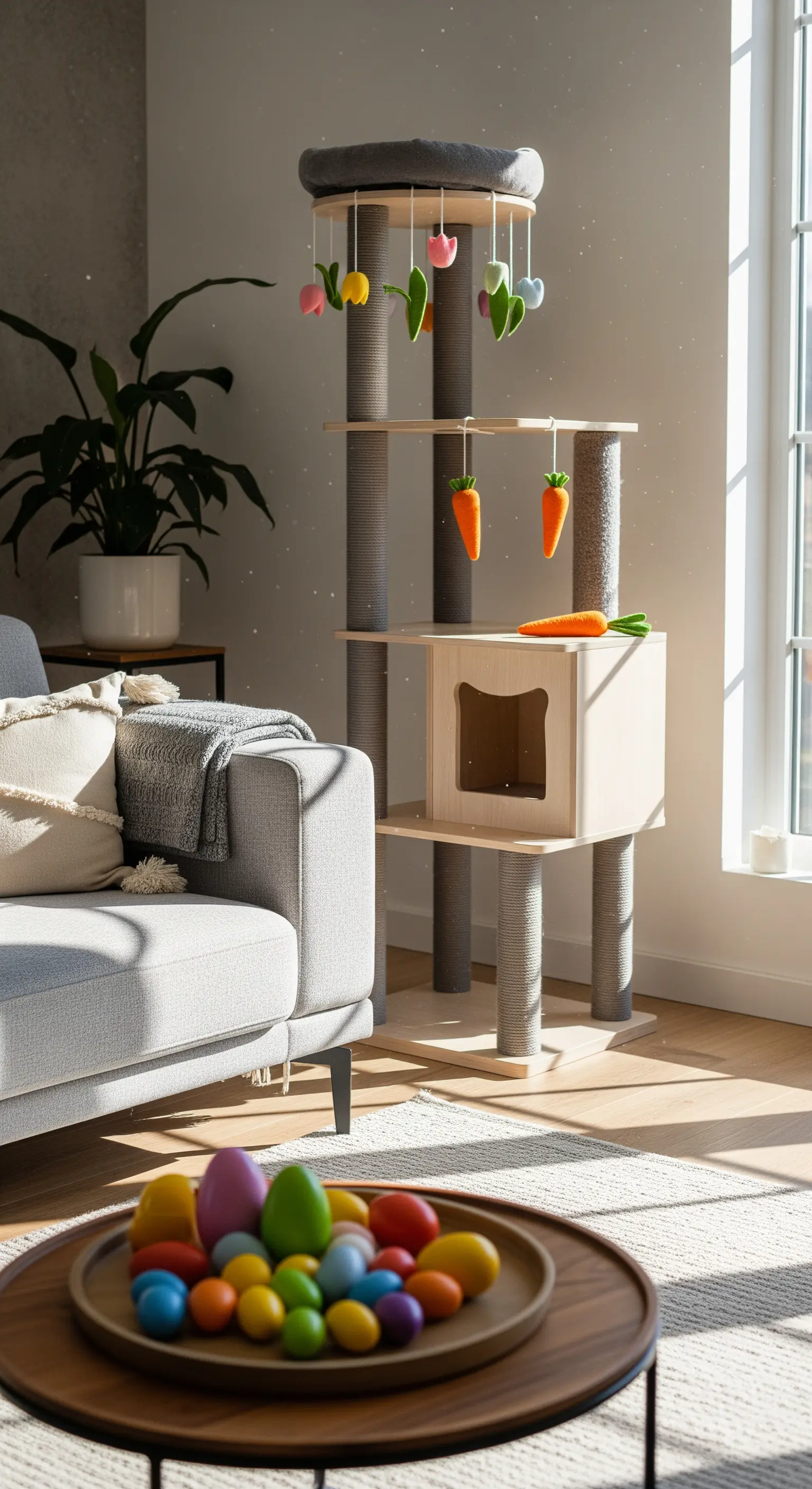 Cat tree with Easter-themed toys and carrots, colorful eggs on coffee table.
