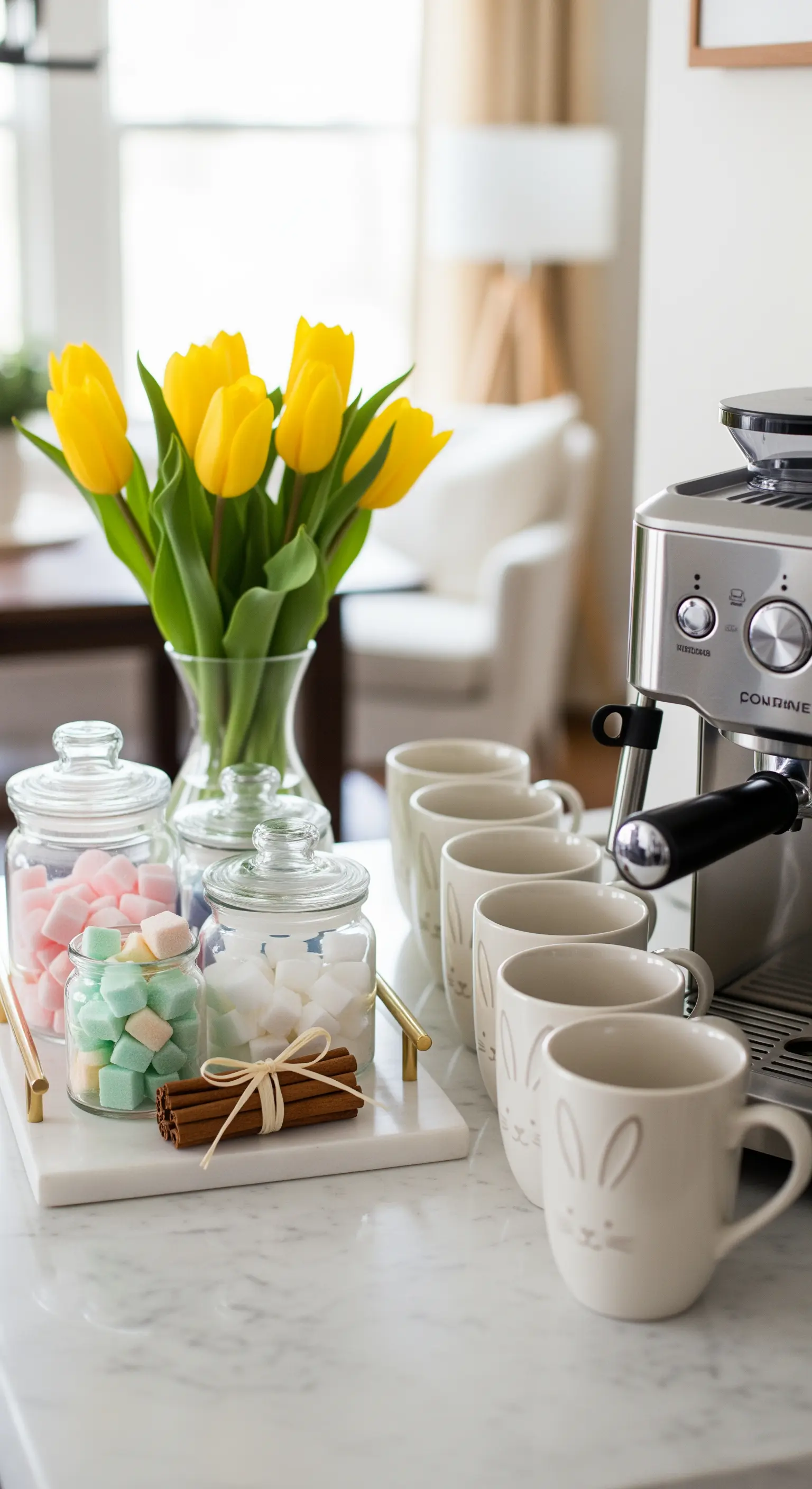 Oster-Kaffeebar mit Kaffeemaschine, Tulpen, Marshmallows und Hasentassen auf Marmorplatte.