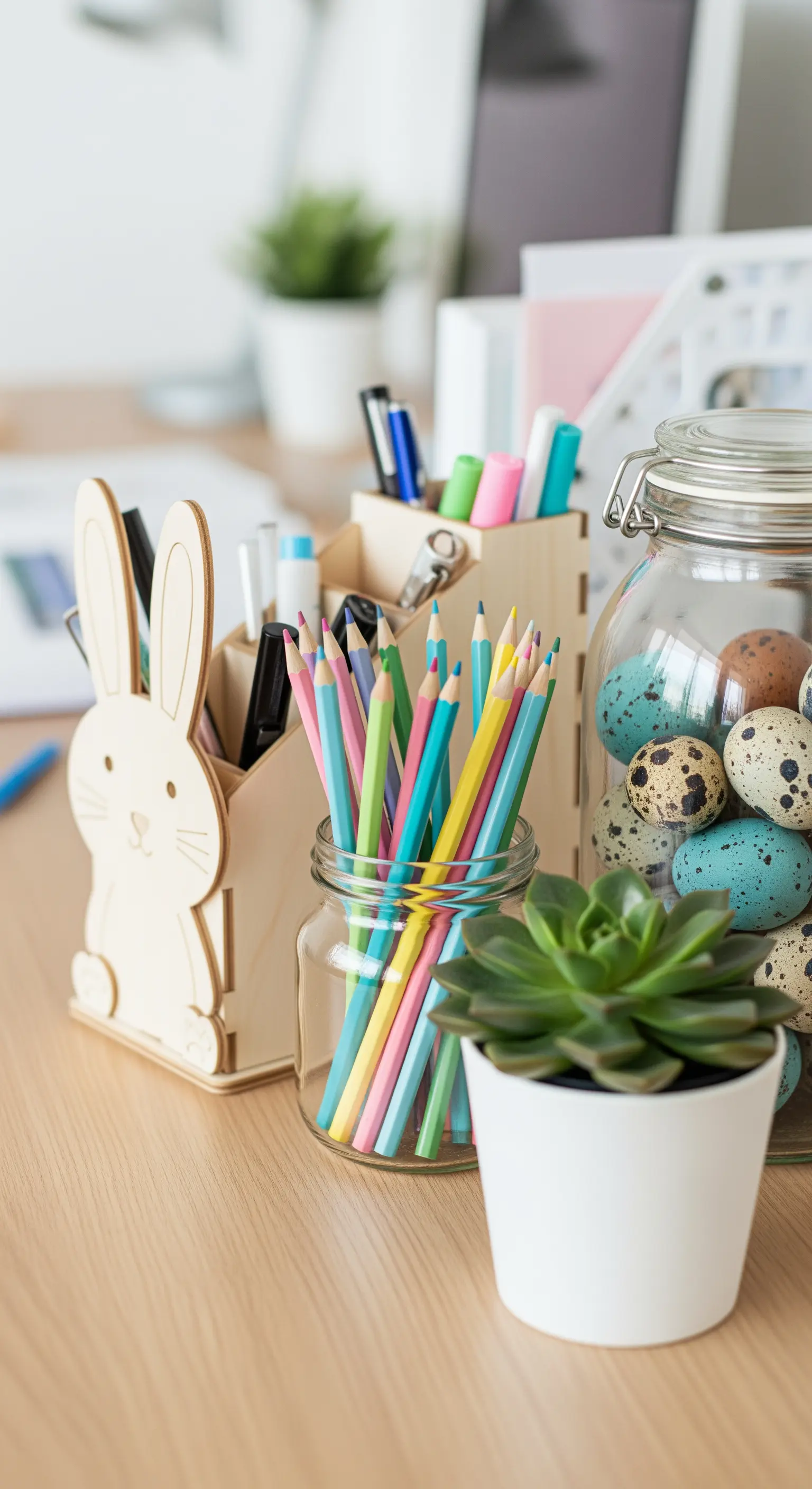 Desk with a bunny pen holder, colored pencils, succulent, and jar of speckled eggs.