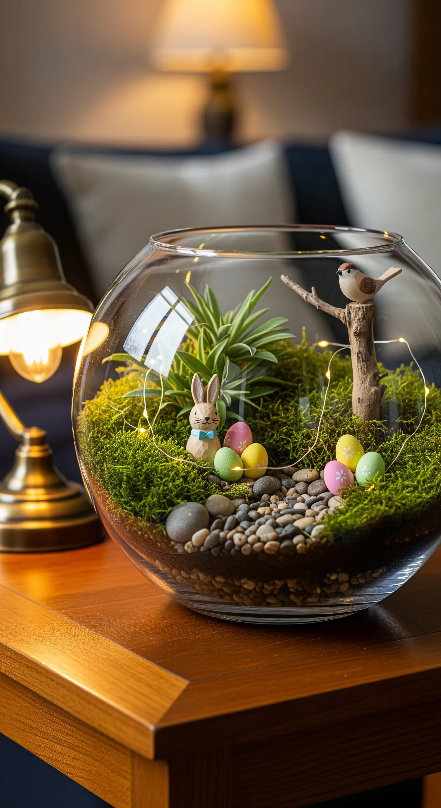 Oster-Terrarium mit Hase, Eiern, Moos und Lichterkette