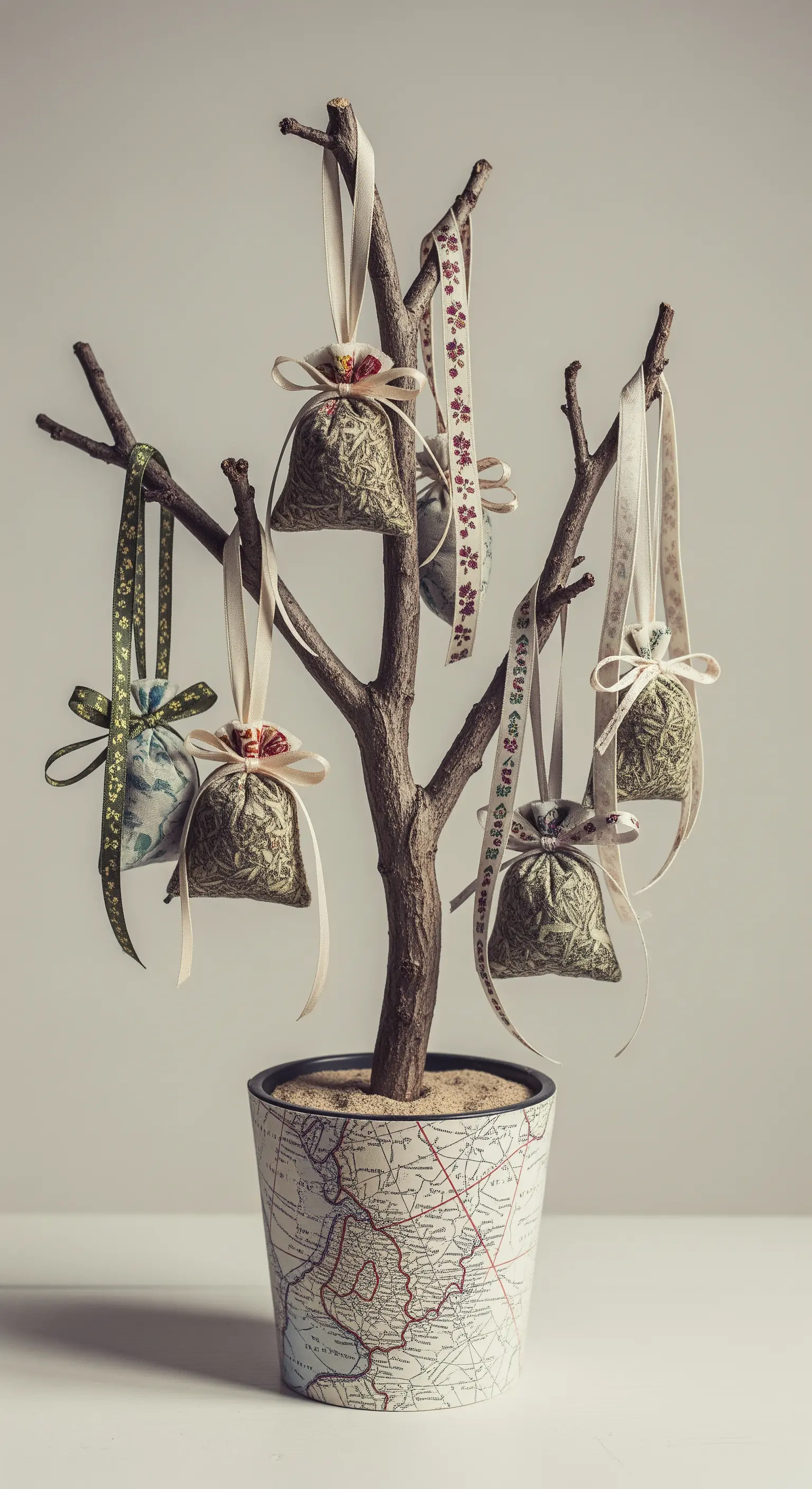Pflanztopf mit Ast, geschmückt mit duftenden Stoffbeuteln und Bändern