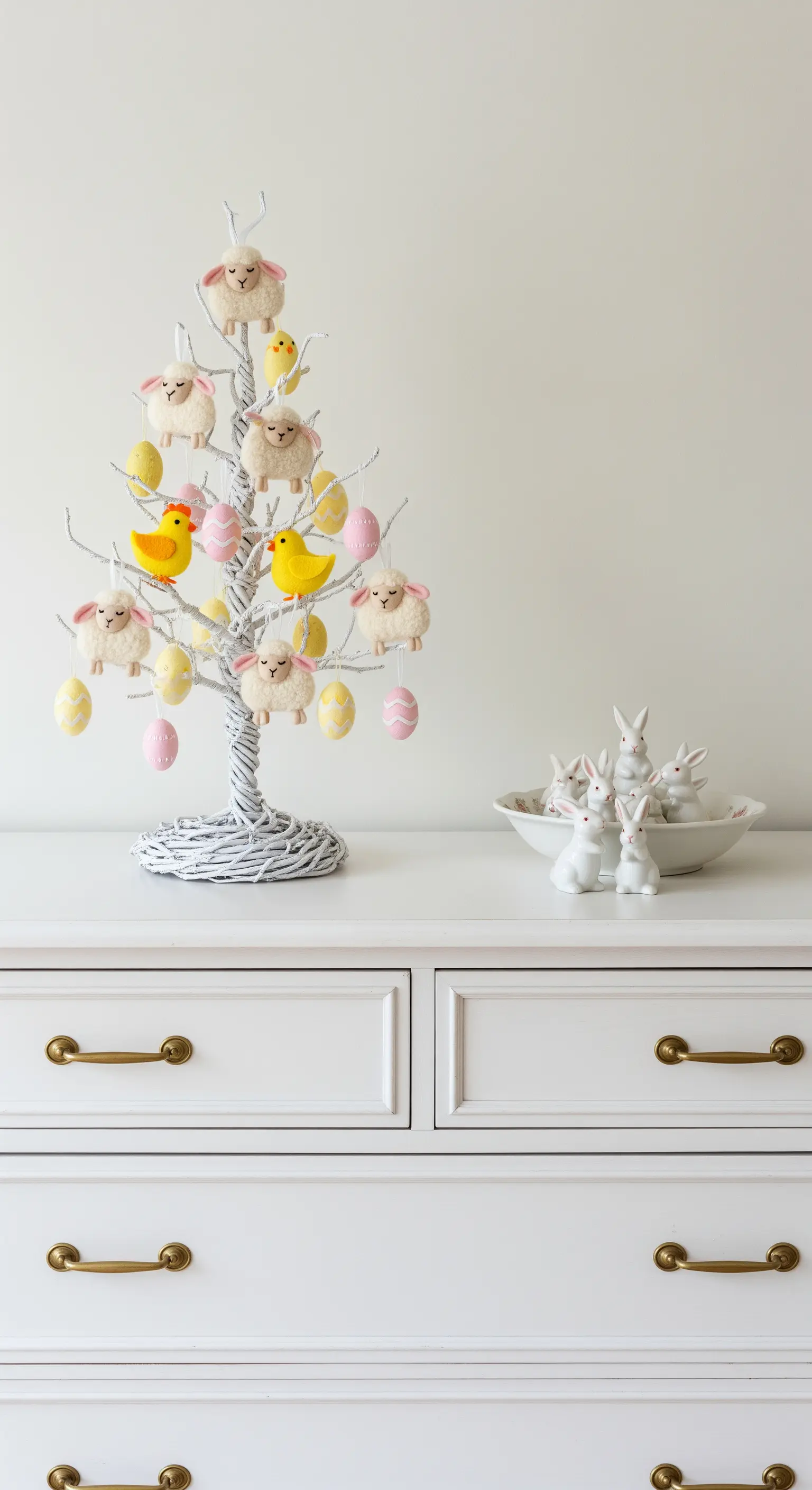 Osterbaum mit Schafen, Küken und Ostereiern auf weißem Sideboard.