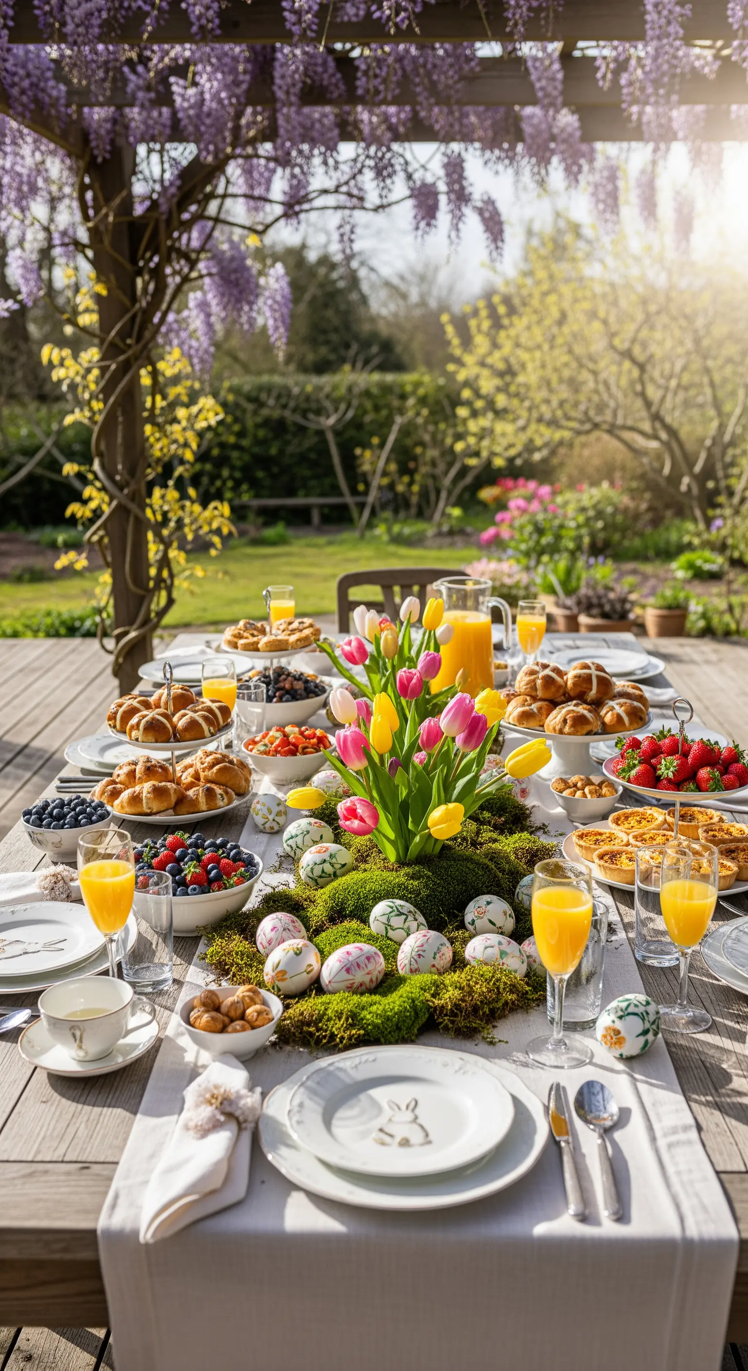 Festlicher Ostertisch unter blühendem Blauregen mit Pastell-Deko und frischen Speisen