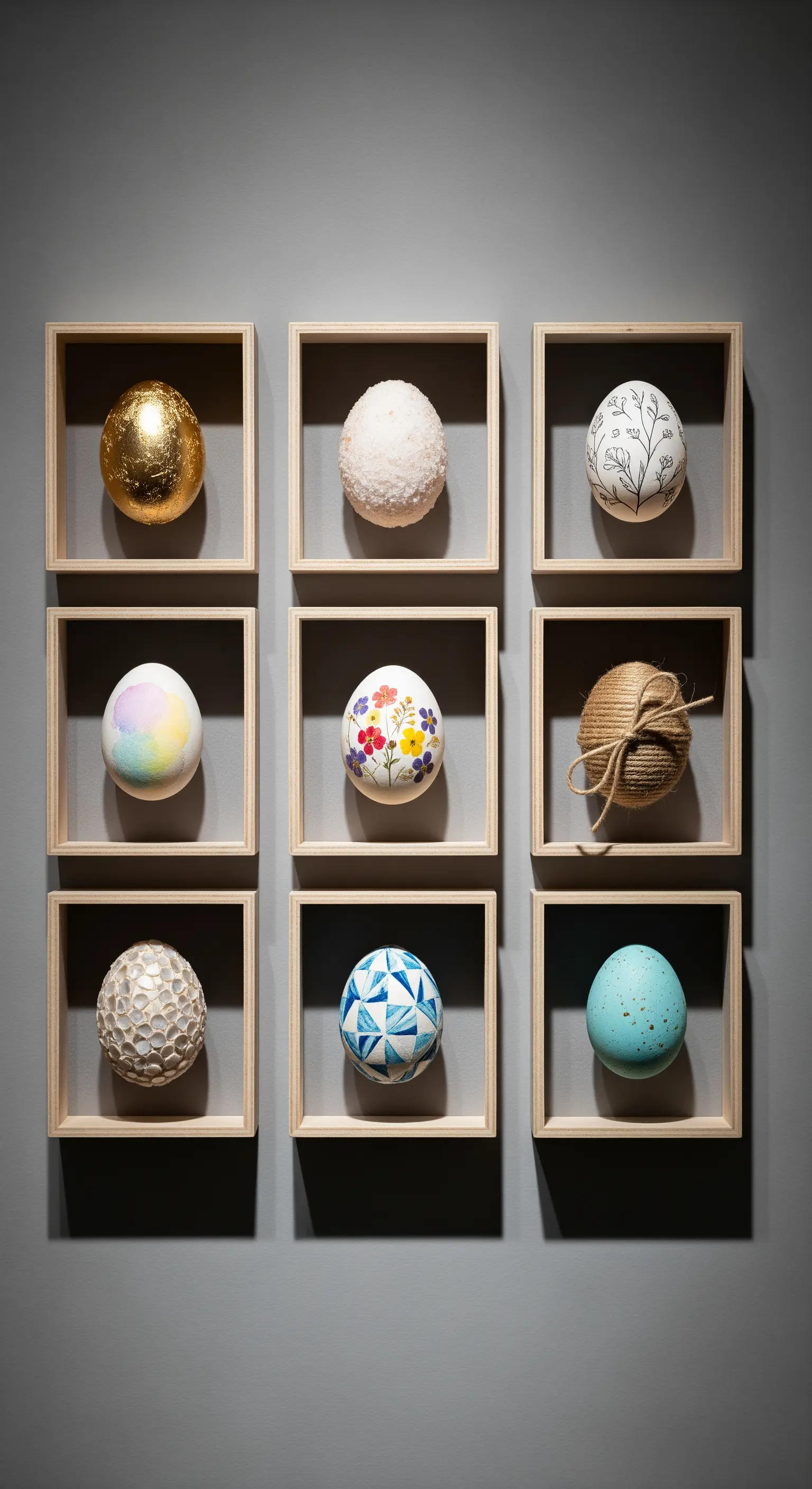 Wandgalerie mit neun gerahmten Ostereiern in verschiedenen Designs und Materialien