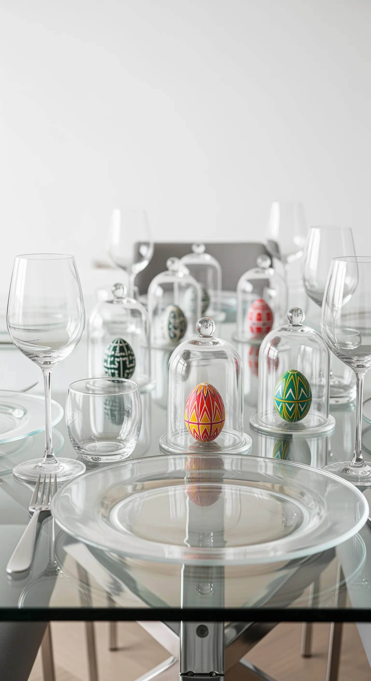 Kunstvoll bemalte Ostereier unter einzelnen kleinen Glasglocken auf einem Glastisch