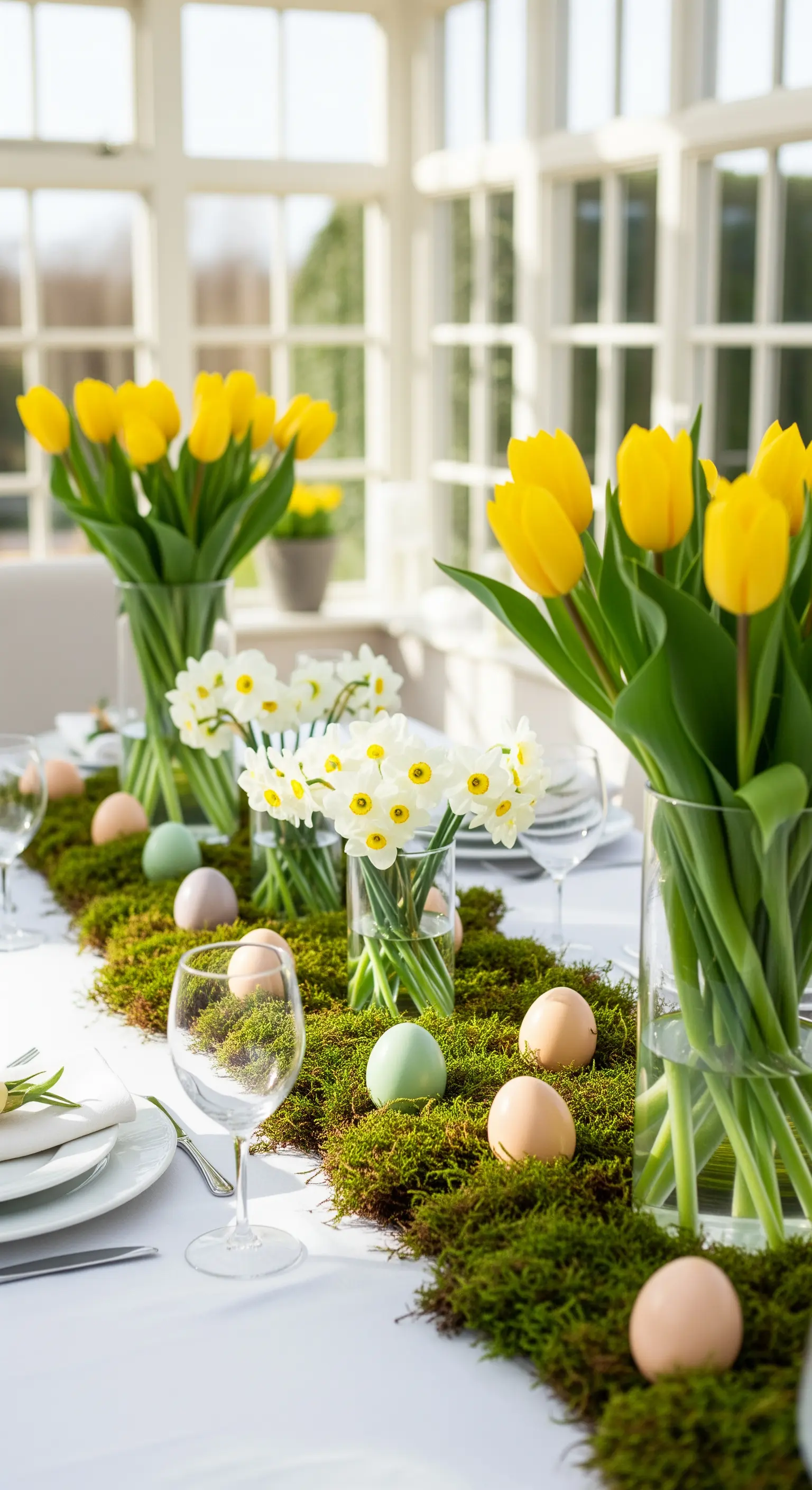 Osterfestliche Tafel mit Moosläufer, gelben Tulpen, weißen Narzissen und pastellfarbenen Eiern.