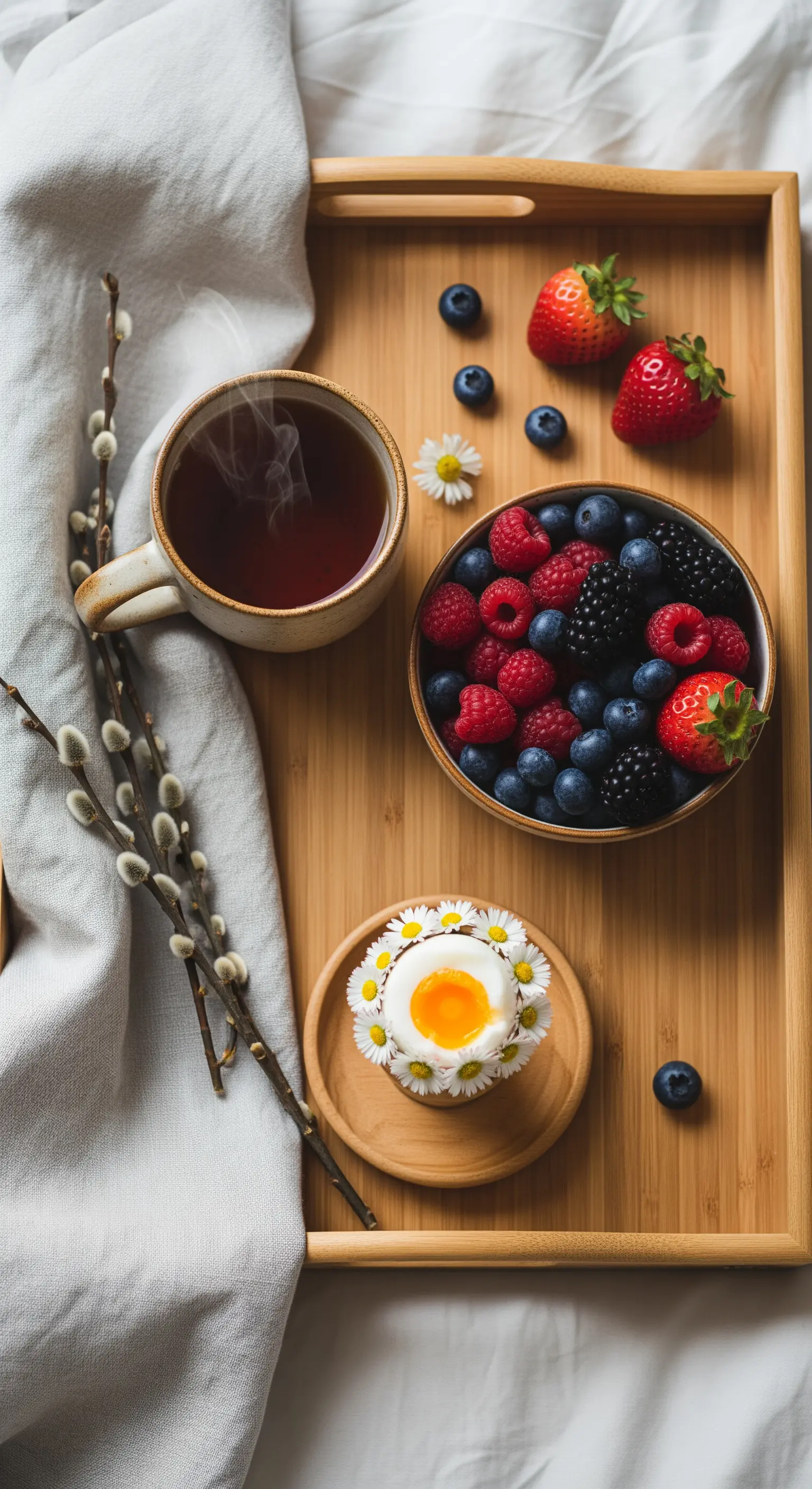 Frühstückstablett mit Tee, Beeren, Ei mit Gänseblümchen und Weidenkätzchen