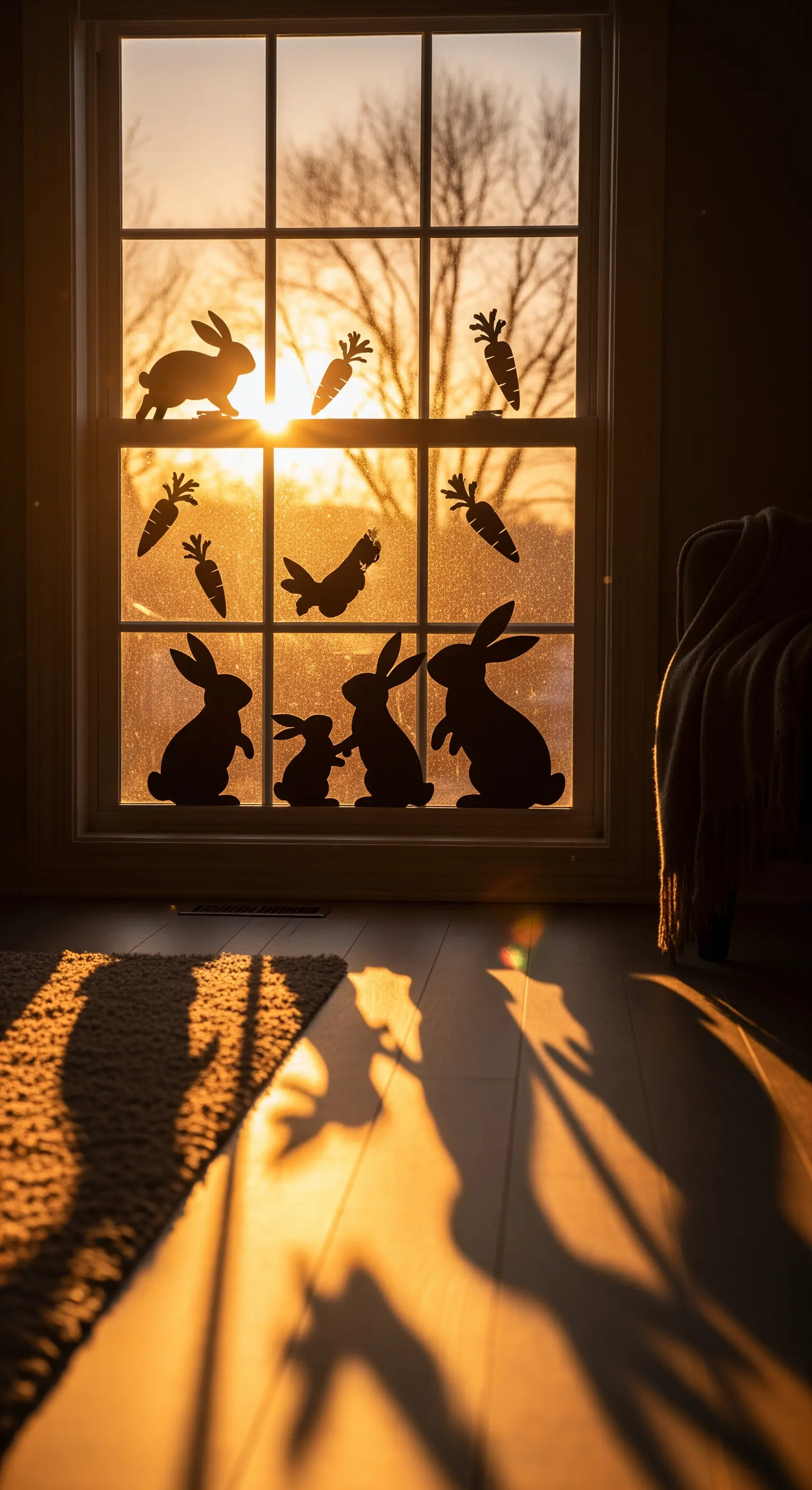 Osterhasen- und Karotten-Silhouetten am Fenster im Sonnenuntergang