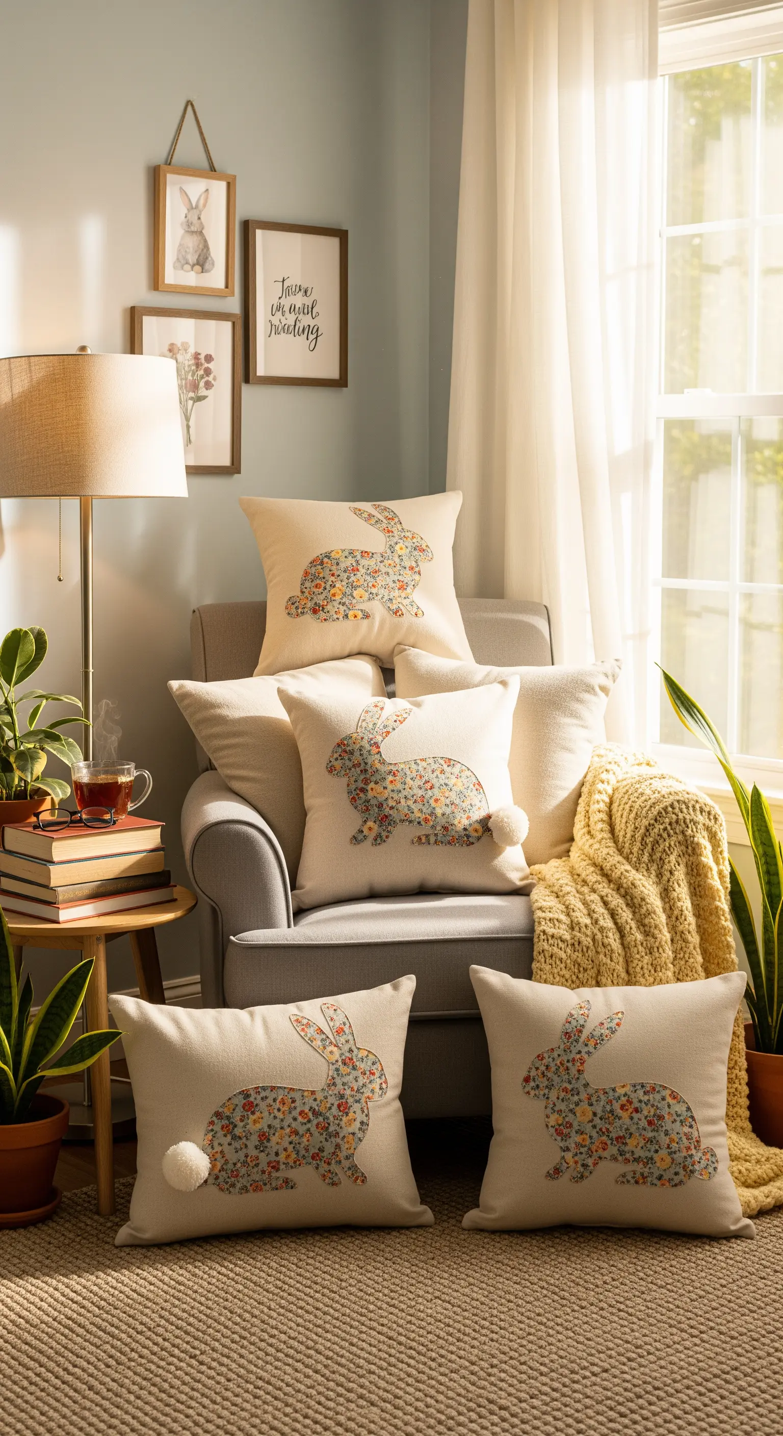 Lesesessel mit vielen Kissen mit Hasenmotiven und einer gelben Decke
