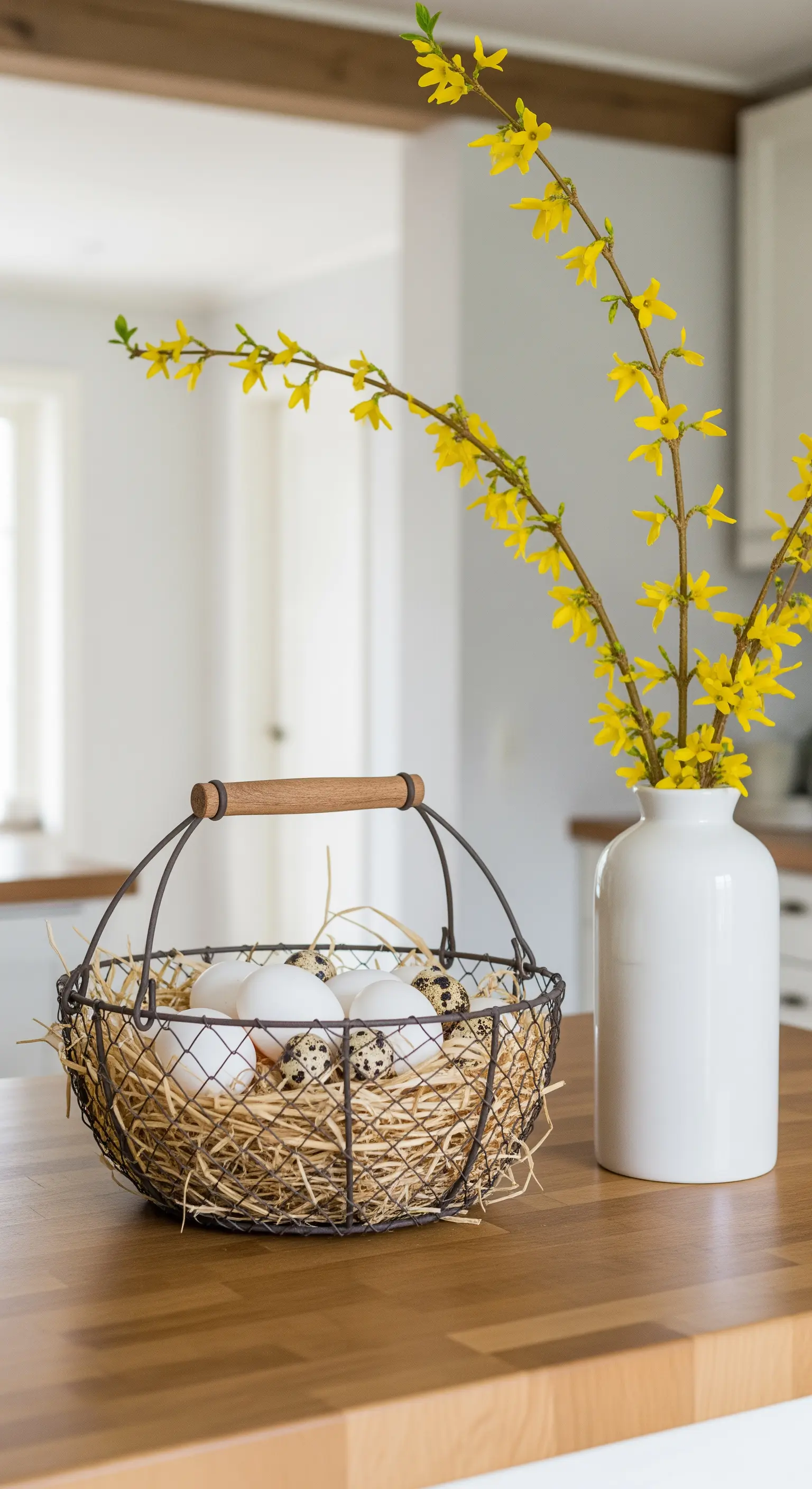 Gelbe Forsythien in Vase und Drahtkorb mit Eiern auf Holzarbeitsplatte