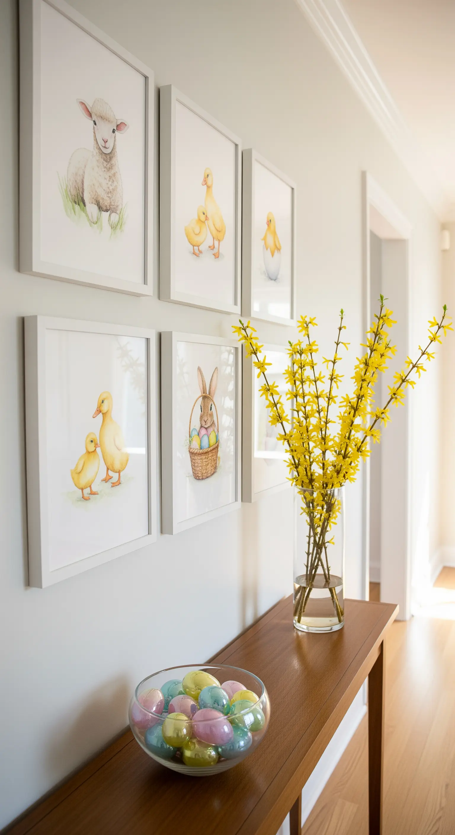 Hallway with framed animal prints, forsythia branches, and pastel Easter eggs.