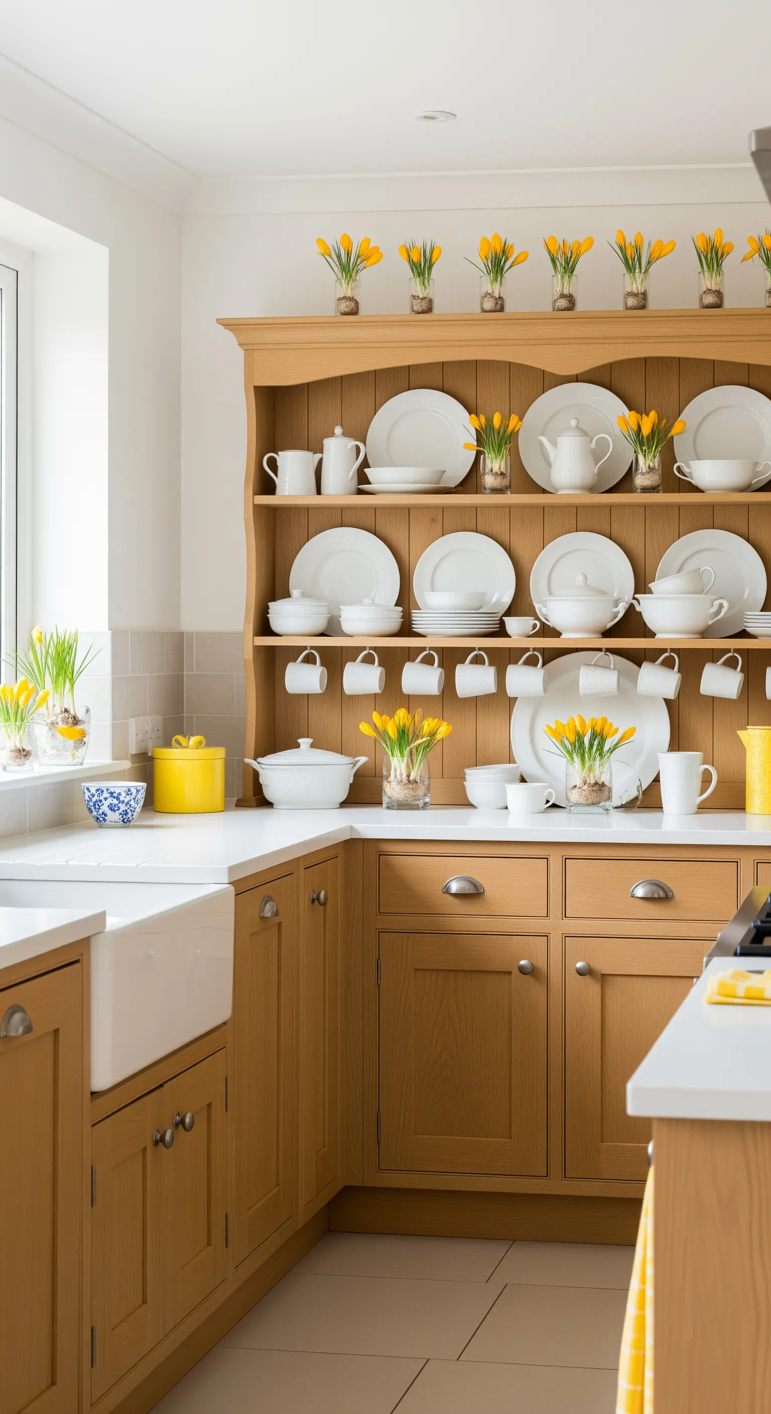 Kredenz mit weißen Tellern und kleinen gelben Krokussen