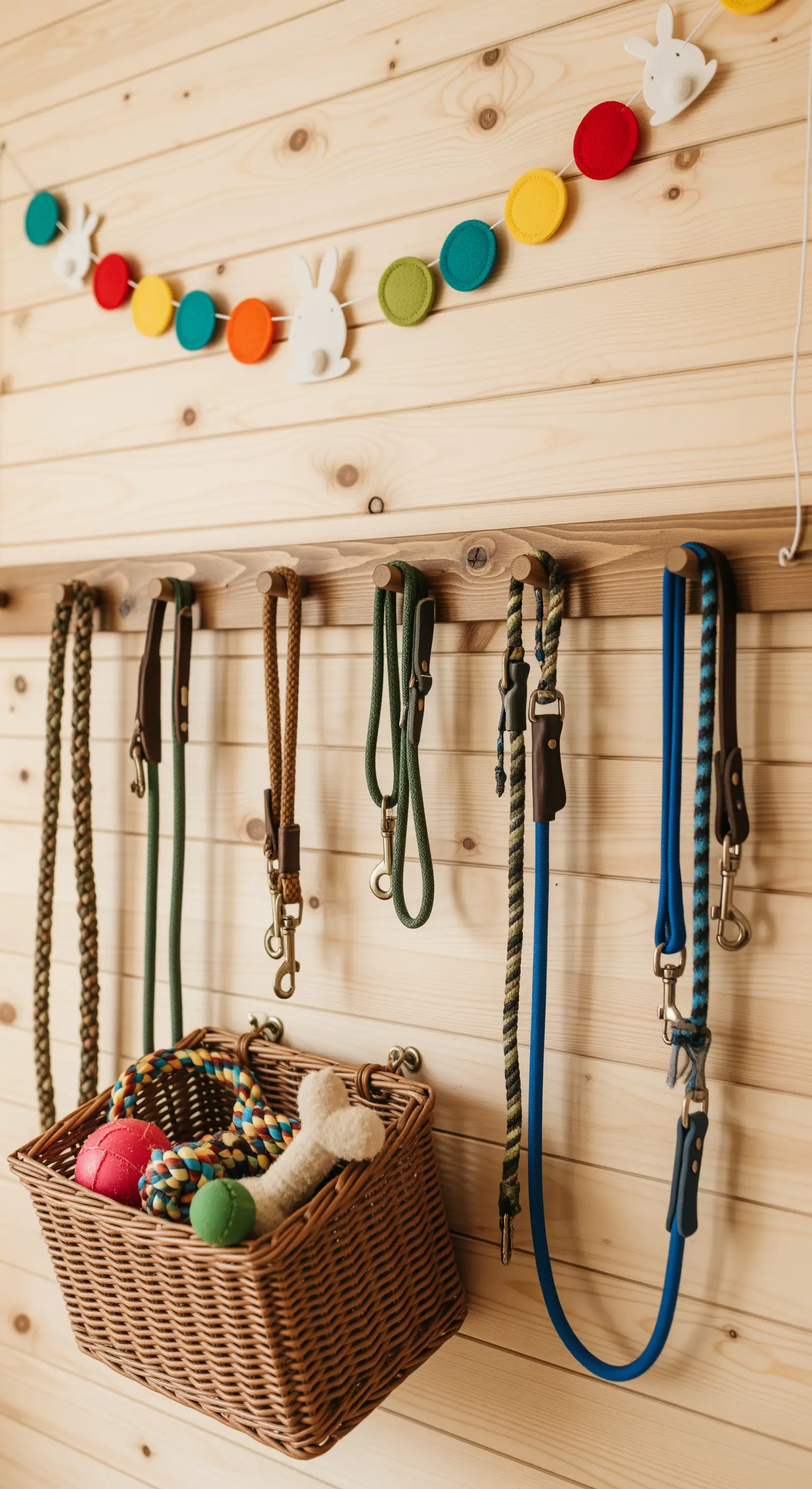 Pet leash organization with a colorful felt garland and toy basket.