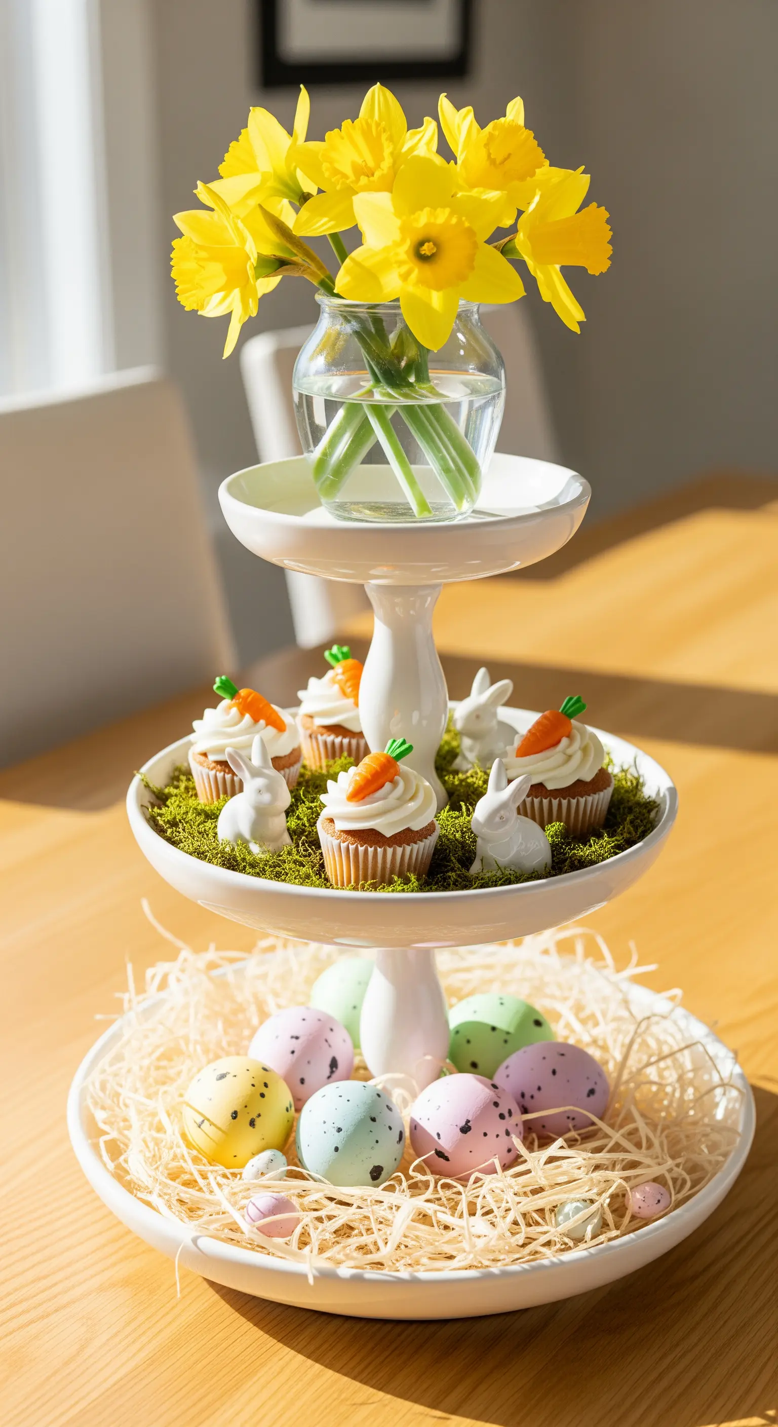 Oster-Etagere in Pastellfarben mit Narzissen, Cupcakes und Wachteleiern.