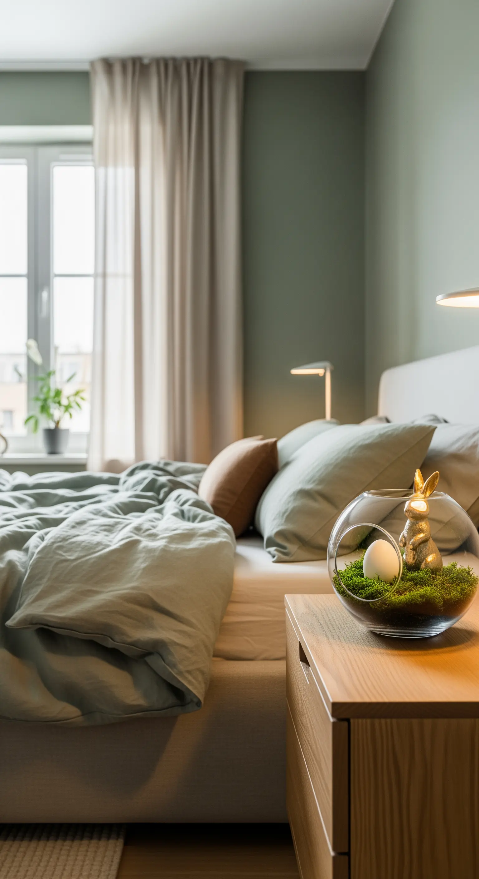 Nachttisch-Deko mit Glasterrarium, Moos, Ei und goldenem Hasen im Schlafzimmer
