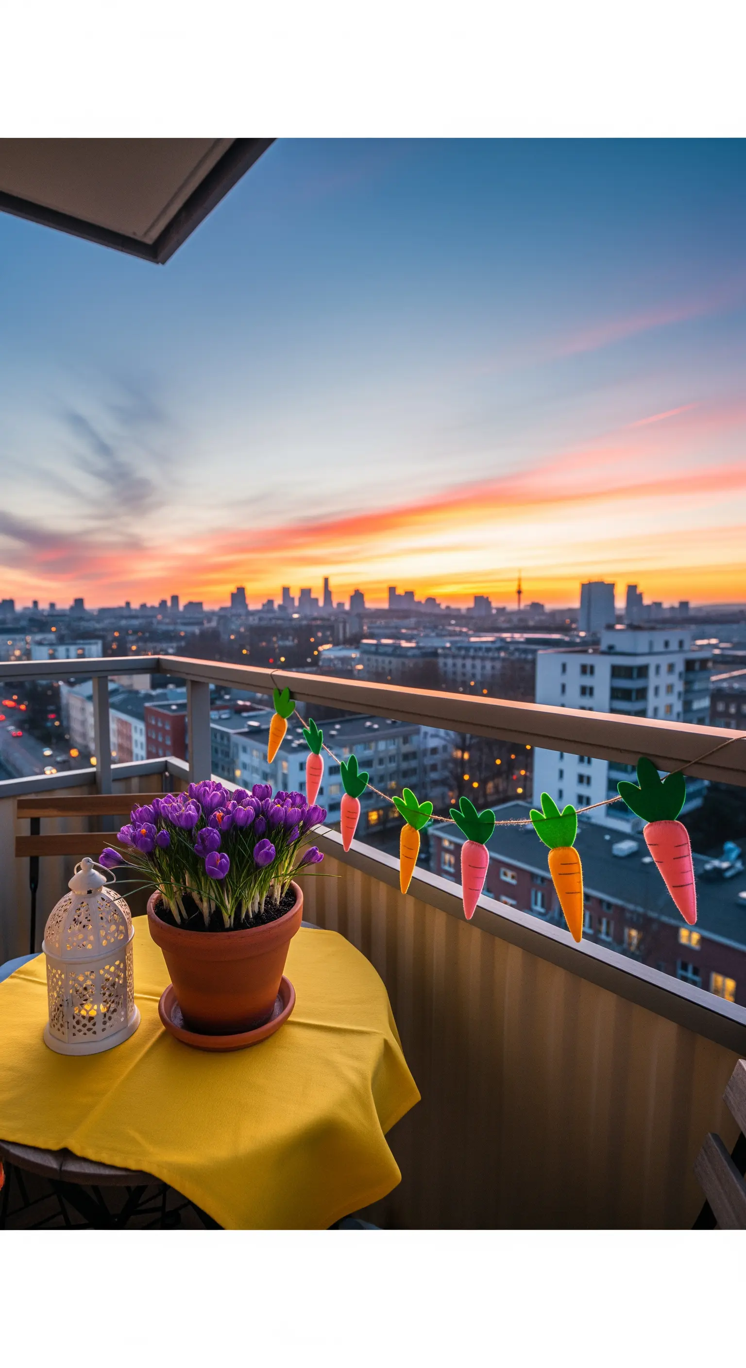 Balkondeko mit Krokussen, Laterne und Karotten-Girlande