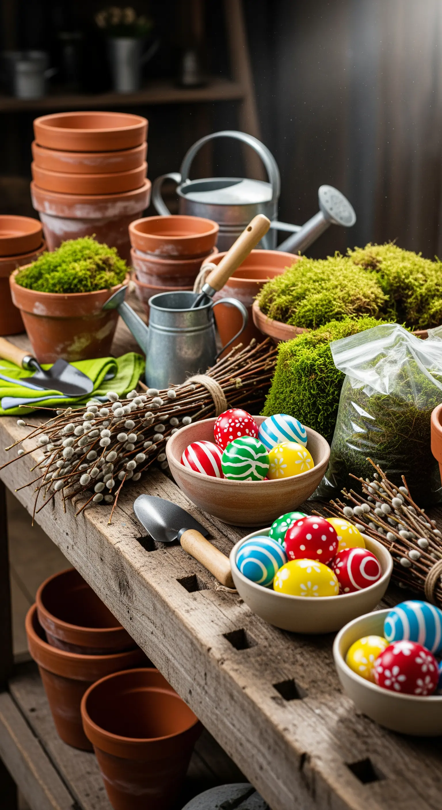 Rustikaler Holztisch mit Terrakotta-Töpfen, Moos und bunten Ostereiern zum Basteln