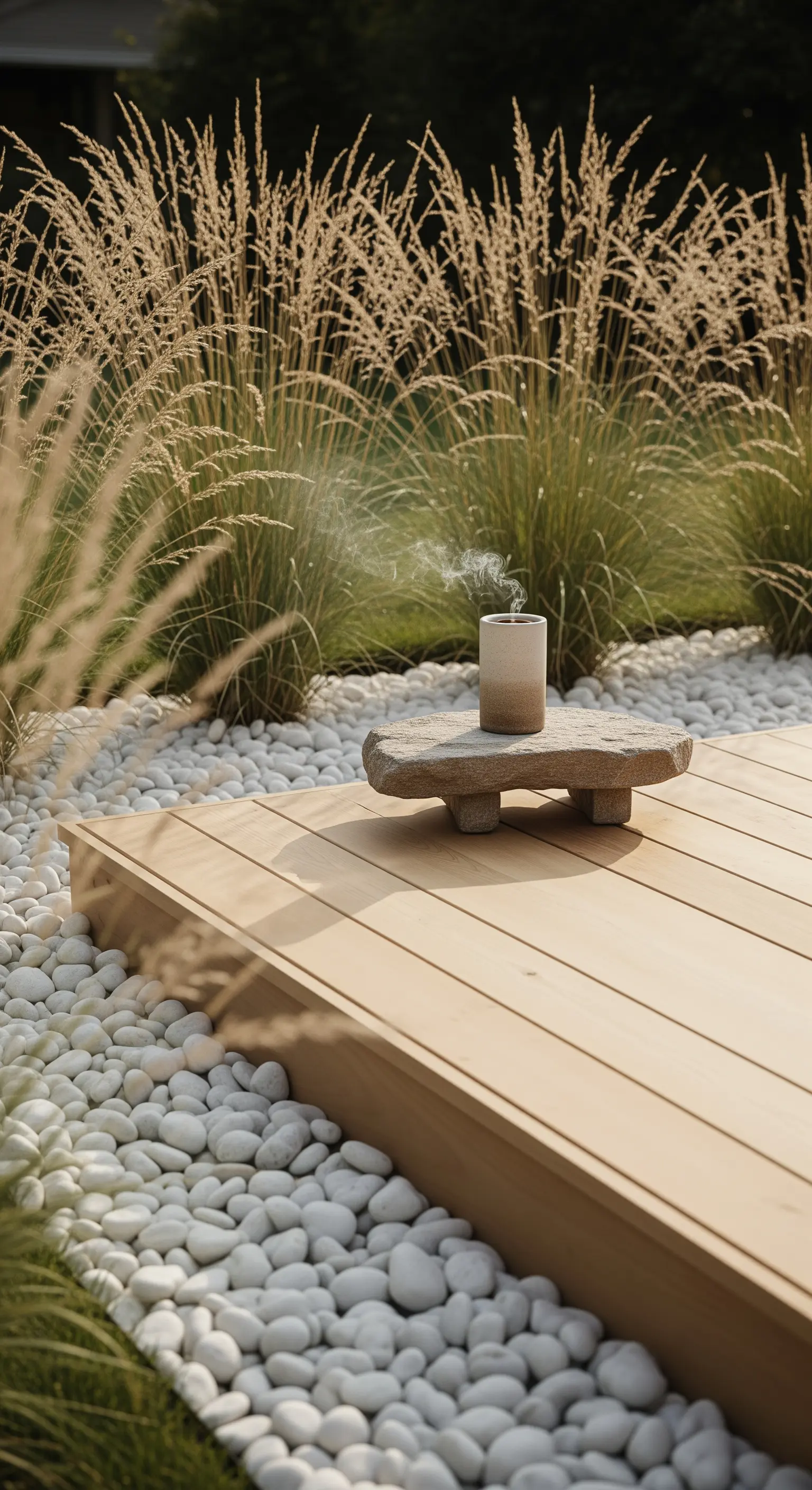 Japandi Holzdeck mit weißem Kies, Ziergräsern und Steinplateau für Teekerze