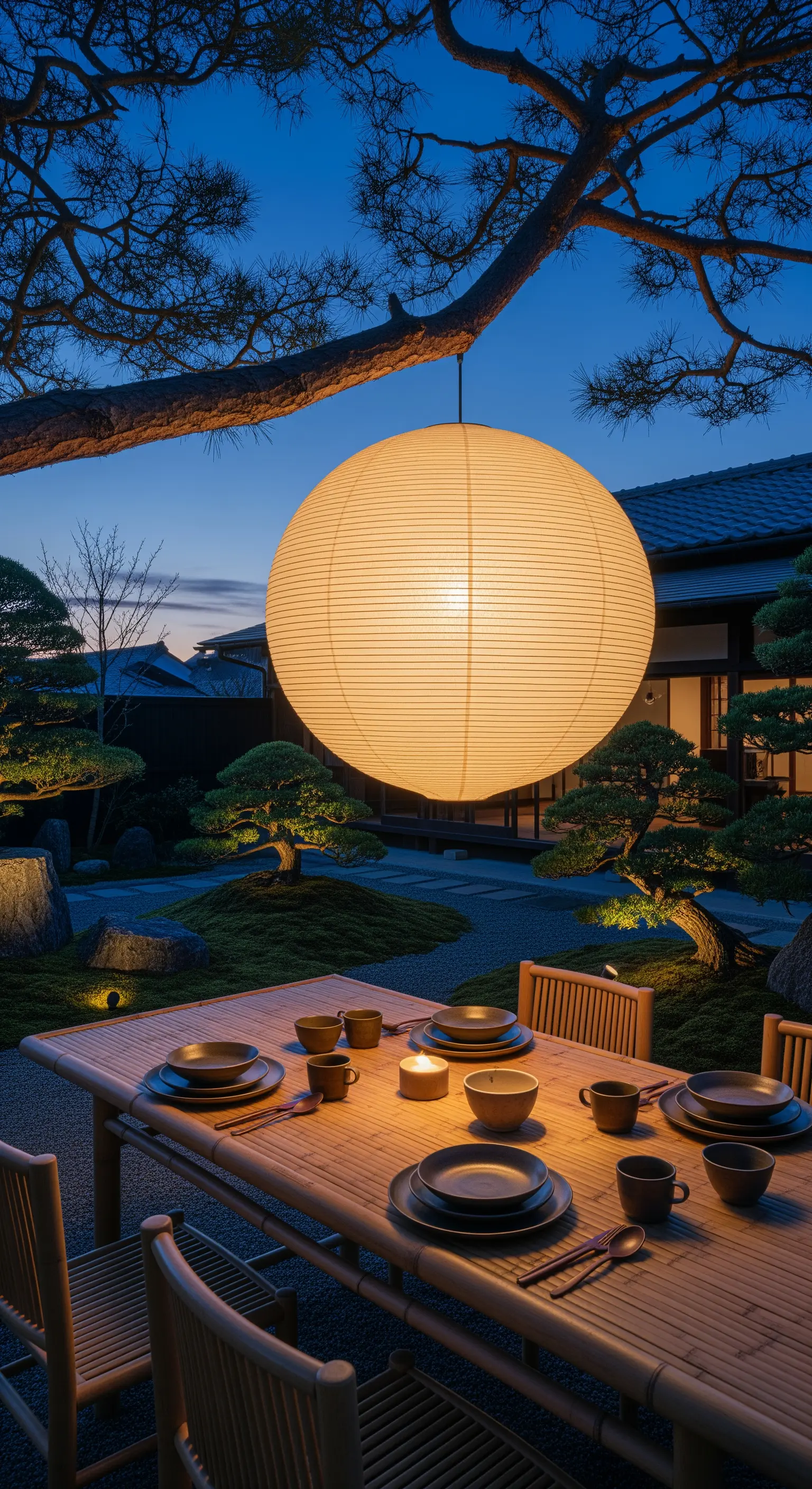 Outdoor-Esstisch aus Bambus unter einer großen runden Papierlaterne in einem Garten