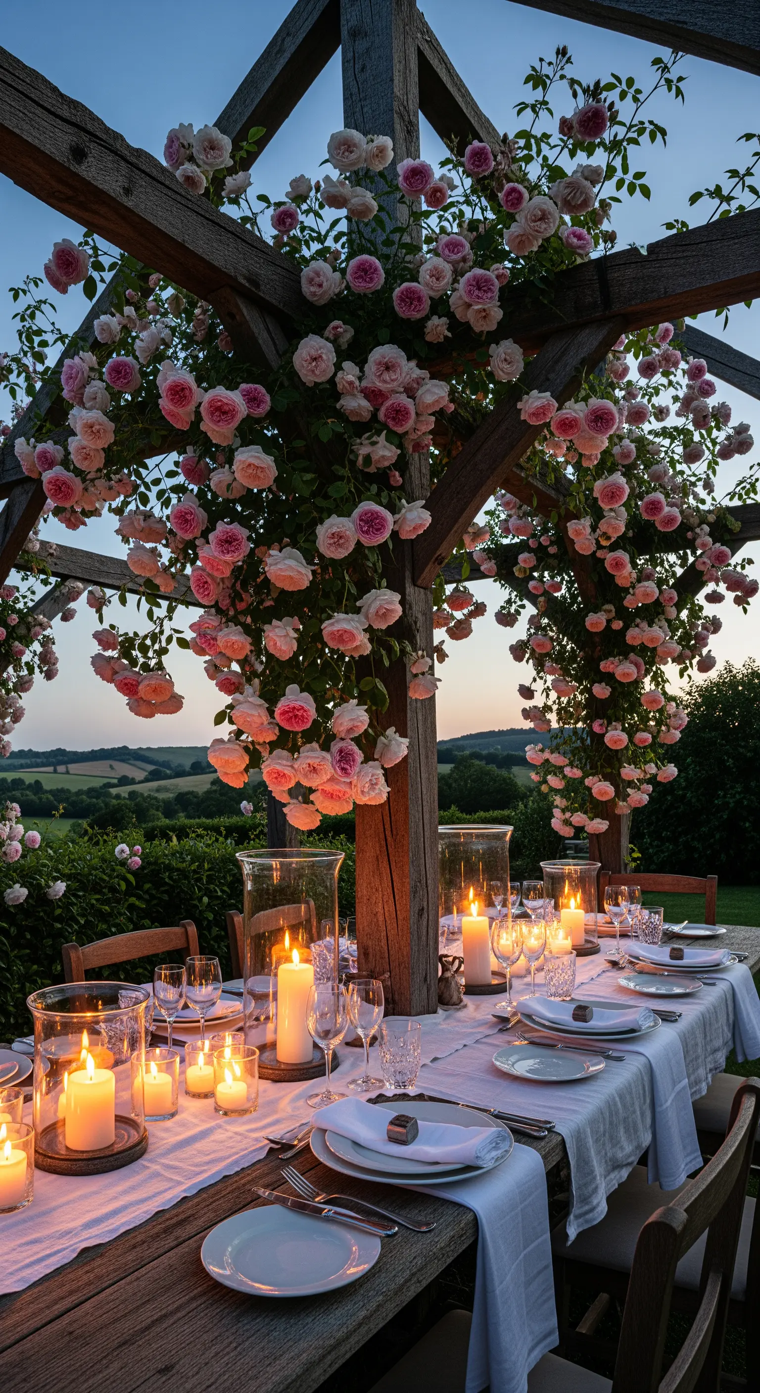 Outdoor-Esstisch, Pergola, Kletterrosen, Kerzenlicht, romantisches Dinner
