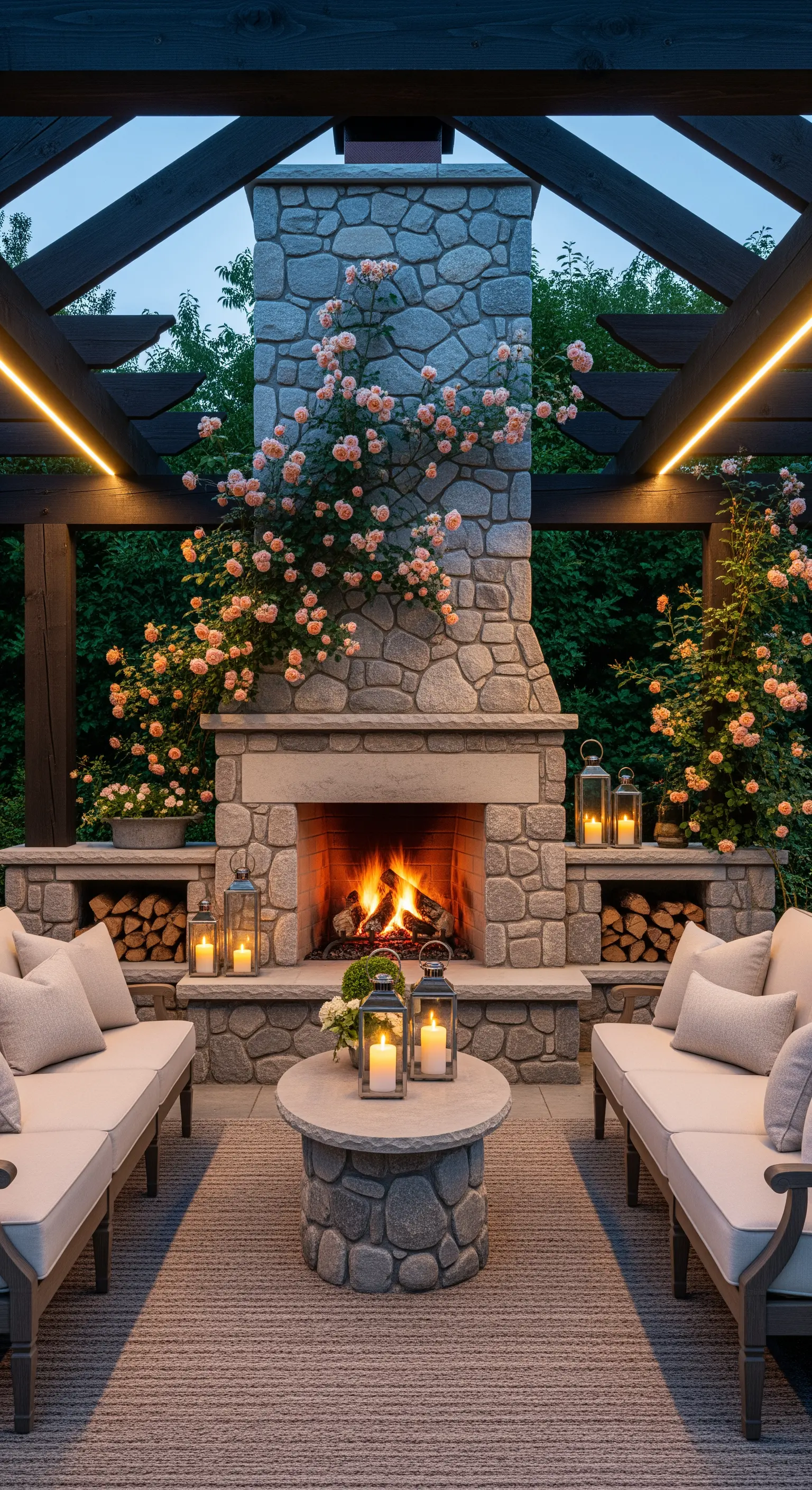Pergola mit pfirsichfarbenen Rosen und Outdoor-Kamin mit Lounge-Möbeln und Laternen