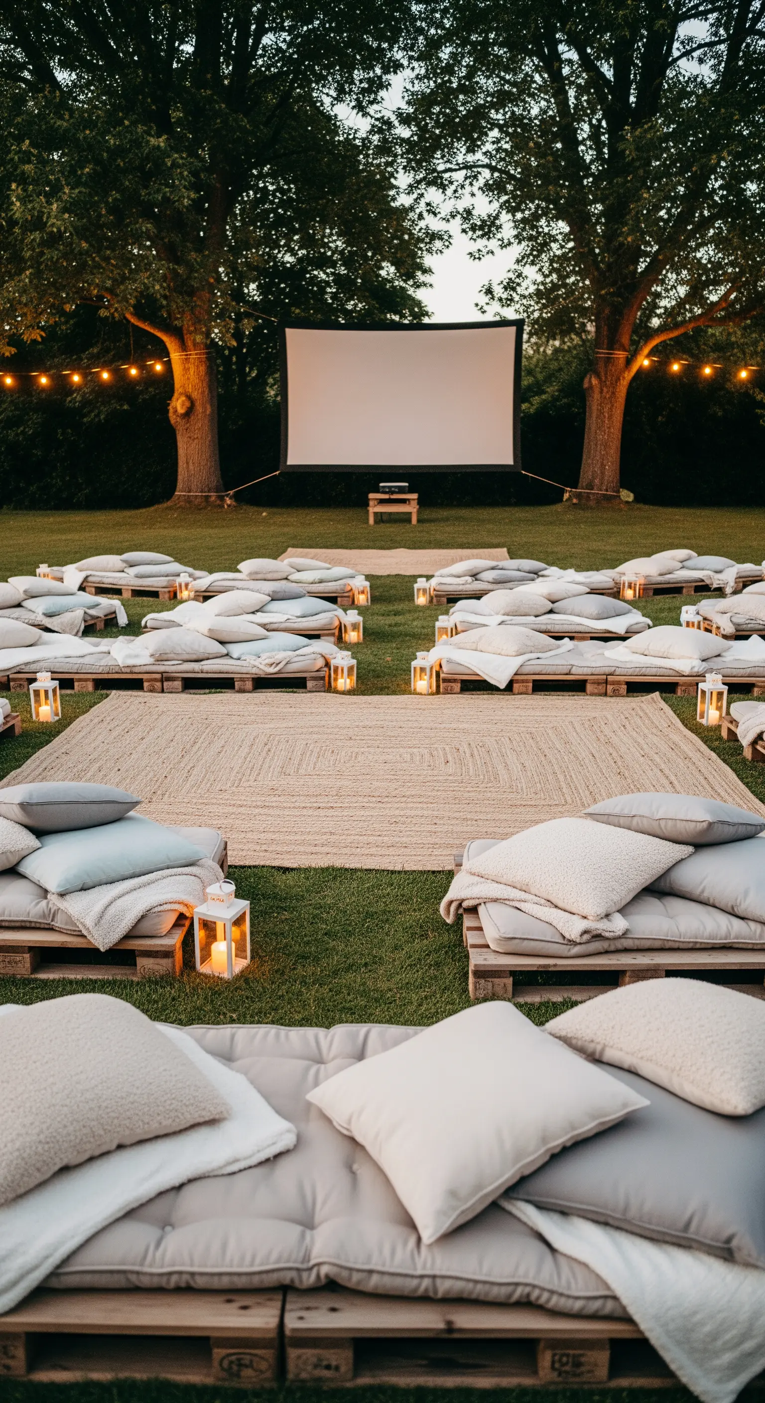 Outdoor-Kino mit Palettenliegen, bequemen Kissen, Laternen und einem großen Leinwand.