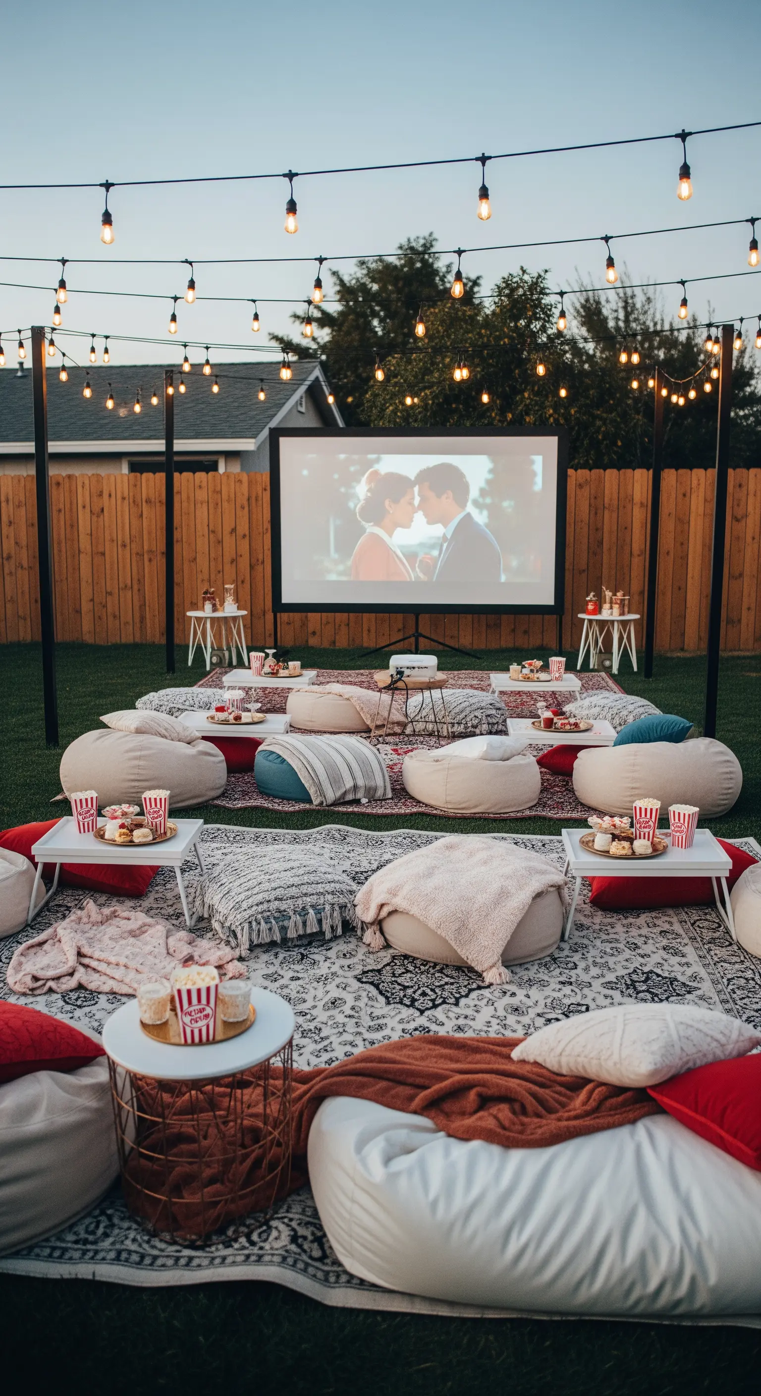 Garten mit Outdoor-Kinoleinwand, Sitzsäcken, Teppichen und Lichterketten.