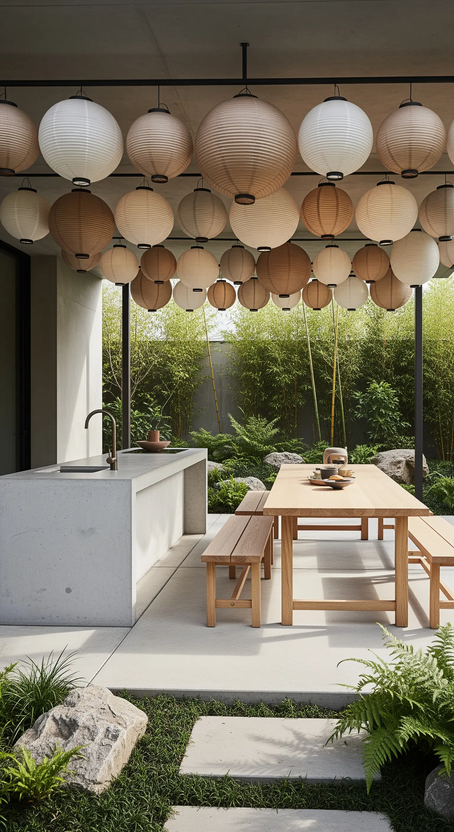 Outdoor Küche, Papierlaternen, Bambus, Japandi Essbereich